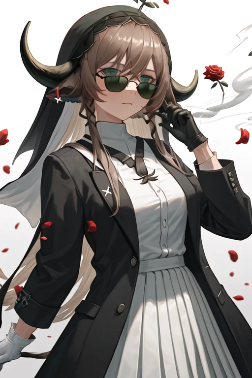 best quality, masterpiece, highres, solo, {black business suit:1.40}, {tie:1.20}, {sunglasses:1.25}, {white gloves:1.15}, {white shirt:1.10}, {black skirt:1.15}, {smoking:1.20}, handsome, {pallas_arknights:1.15}, brown_hair, horns, flower, cow_horns, animal_ears, cow_ears, bangs, green_eyes, red_flower, cow_girl, hair_between_eyes, rose, red_rose, veil, upper_body, closed_mouth, short_hair_with_long_locks, petals, long_hair