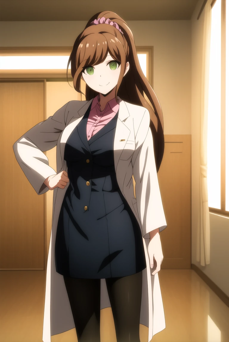masterpiece, best quality,
brown hair, green eyes, long hair, ponytail, bangs ,scrunchie, shirt, labcoat, pantyhose,
looking at viewer,standing, YukizomeChisaZy, <lora:YukizomeChisaZy-000007:0.8>
1girl, solo, smiling,