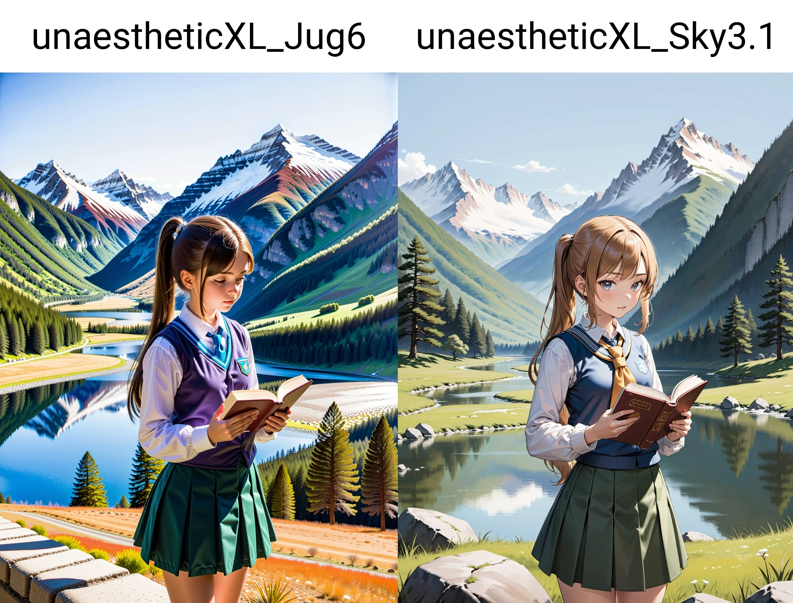 A young girl with a ponytail and wearing a school uniform is situated against the backdrop of a serene mountain range. Snow caps the peaks and a river flows in the valley below. The girl is reading a book, completely engrossed in its contents.