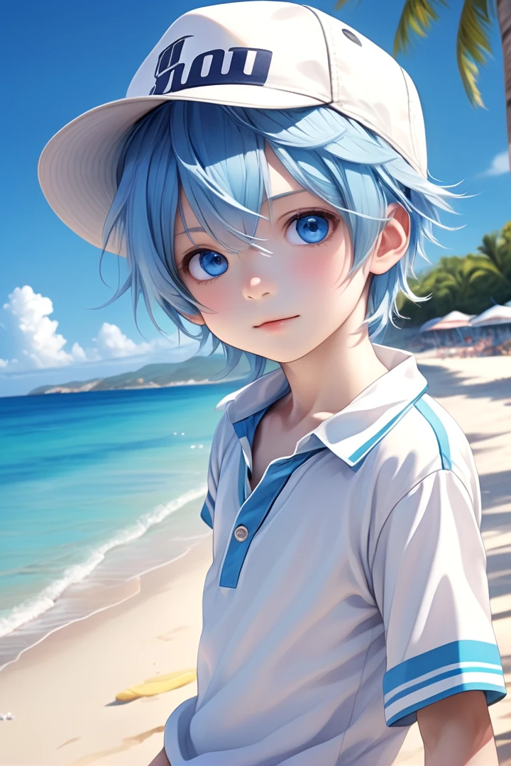 <lora:cutified_anime_character_design:0.4> 1boy, aoi , blue hair, hat, masterpiece, ultra detail, beach, blue eyes, (cute shirt:1.3)