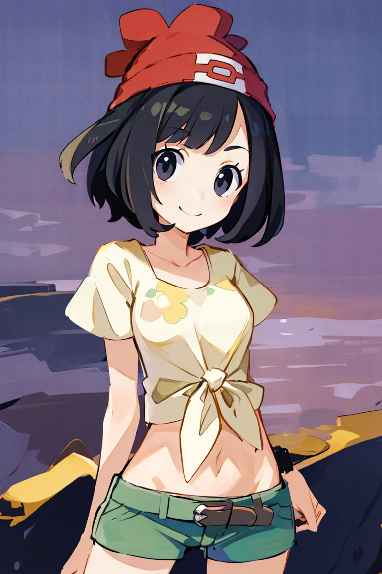 <lora:Harada_Takehito_Style_Dim32:0.8>, ((masterpiece,best quality)), absurdres, <lora:selene_(pokemon)_v1:0.7>, selene \(pokemon\), solo, grey eyes, black hair, green shorts, red headwear, beanie, shirt, tied shirt, floral print, short hair, short sleeves, short shorts, striped, yellow shirt, belt, midriff, solo, smiling, looking at viewer, cowboy shot, cinematic composition, contrapposto,