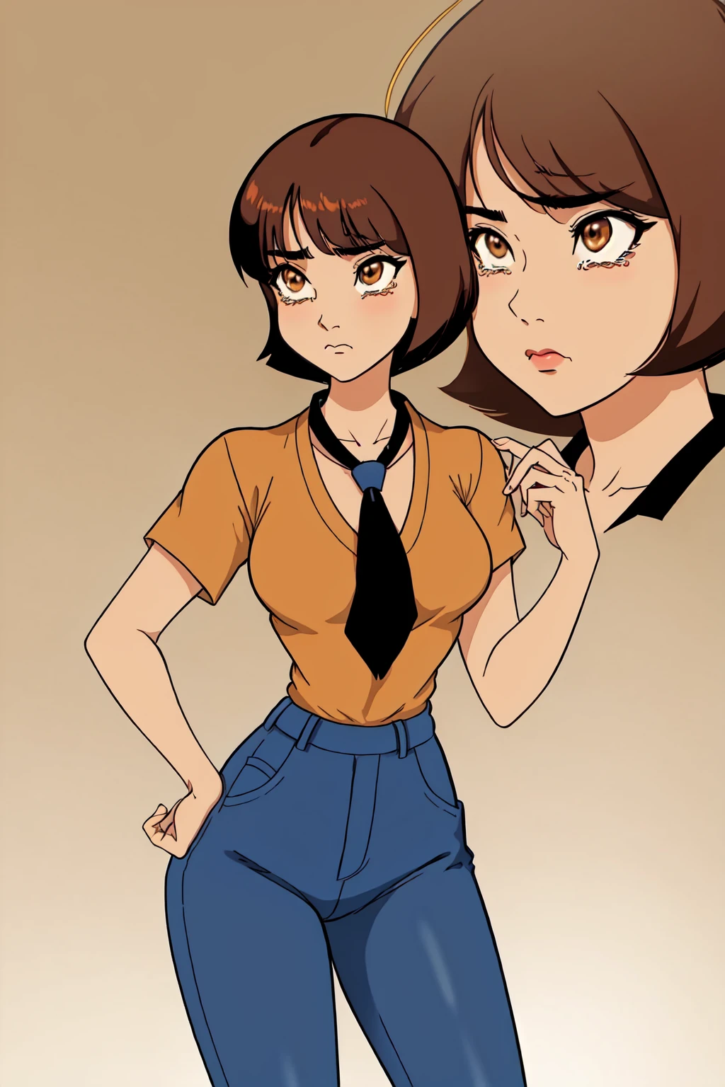 1girl, bangs, brown eyes, closed mouth, collarbone, collared shirt, dress, holding, jeans, jewelry, medium breasts, mj manga, necktie, portrait, retro artstyle, scar, short hair, solo, spacecraft, tears <lora:MjManga:0.8>