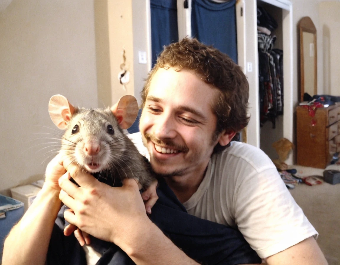 <lora:XL_bossmanjack_v1_128_net_dims:1.2>, 1boy, facial hair, smiling, hugging a rat