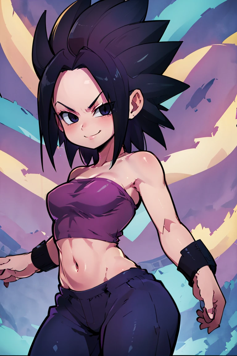 <lora:Zankuro_AnyLora_Dim32:0.8>, ((masterpiece,best quality)), absurdres, <lora:Caulifla_DB_v3_Anime:0.8>, Caulifla_DB, bare shoulders, midriff, purple baggy pants, pink tube top, black bracelets,solo, smiling, smug, looking at viewer, cowboy shot, cinematic composition,