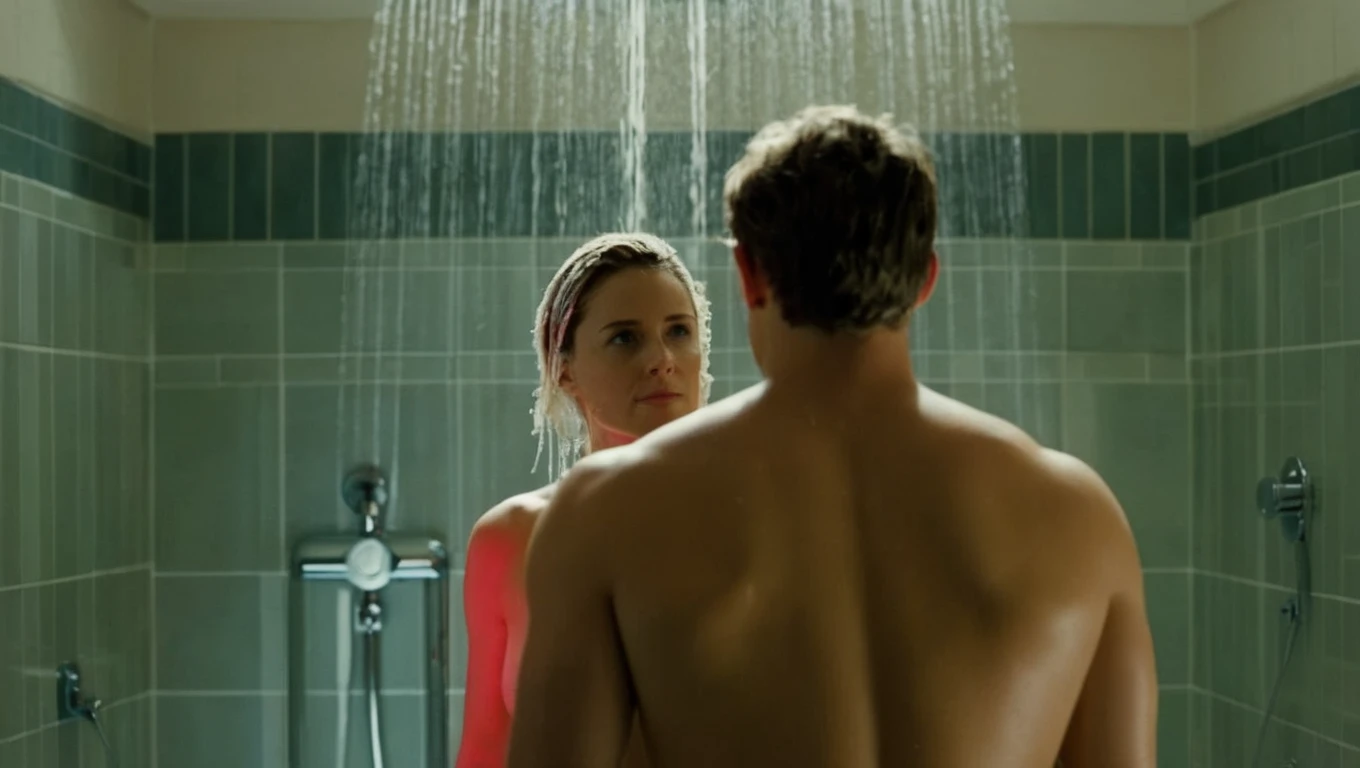 cinematic film still of <lora:Cinematic Film:1> Cinematic Film stock footage in (arri alexa style) Kodak film print, a naked woman standing next to a man in a shower Cinematic Film Style, shallow depth of field, vignette, highly detailed, high budget, bokeh, cinemascope, moody, epic, gorgeous, film grain, grainy