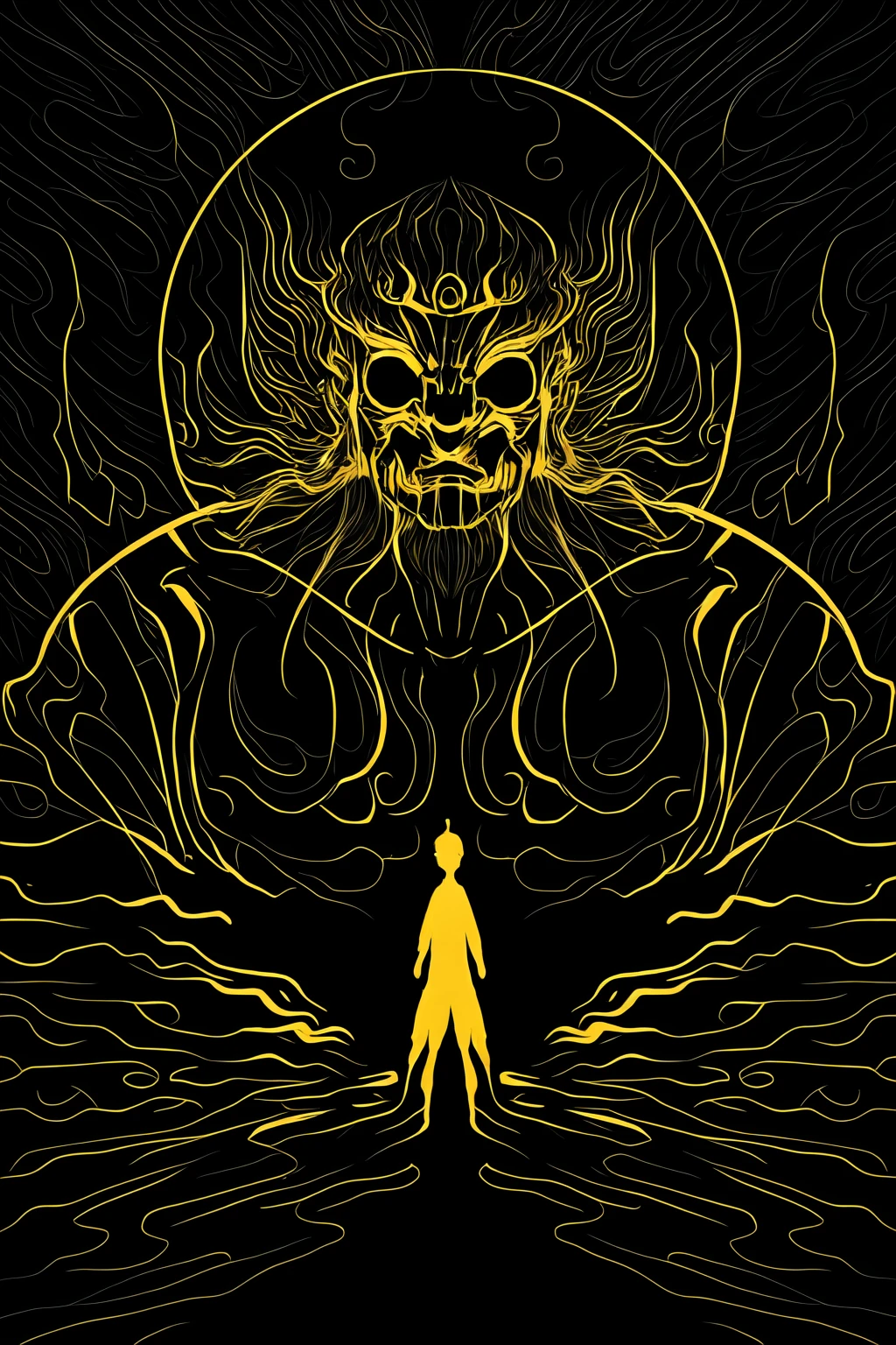 a man standing in front of a projection of immortal,halo,<lora:eastern_mythology_v1_512_preview:0.8>,
