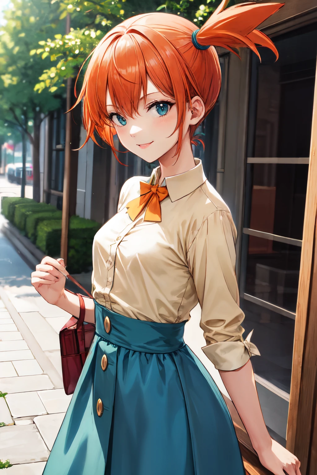 misty pokemon, orange hair, 1girl, small breasts, solo, looking at viewer, short hair,outdoors ,smile,Vintage-inspired shirtwaist dress with a button-down front and waist tie<lora:misty_pokemon:1>