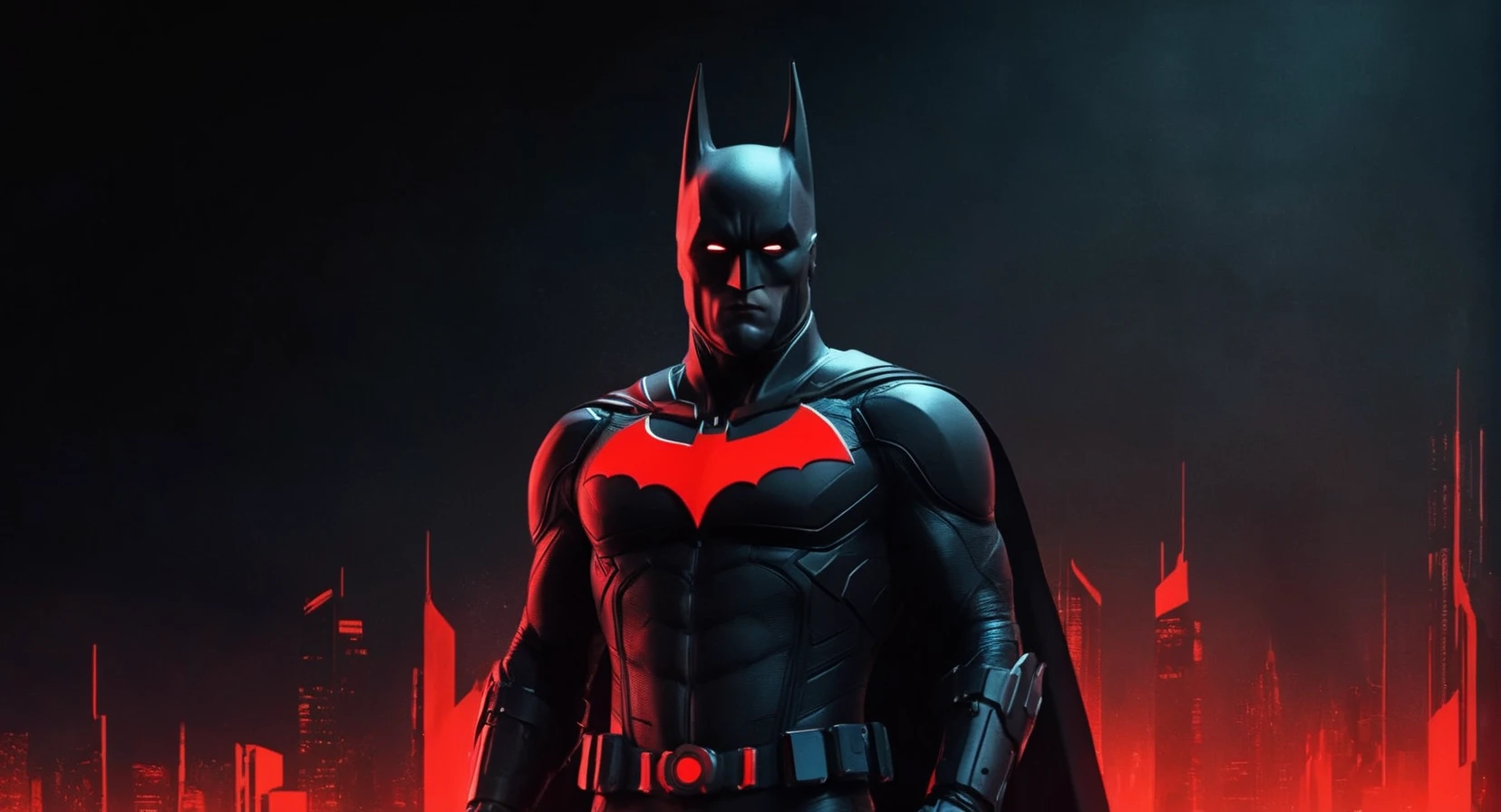 concept art of Cinematic Film stock footage in (arri alexa style) Kodak film print, <lora:Batman Beyond:1> Batman Beyond a man in a futuristic red costume standing in front of a black background, digital artwork, illustrative, painterly, matte painting, highly detailed