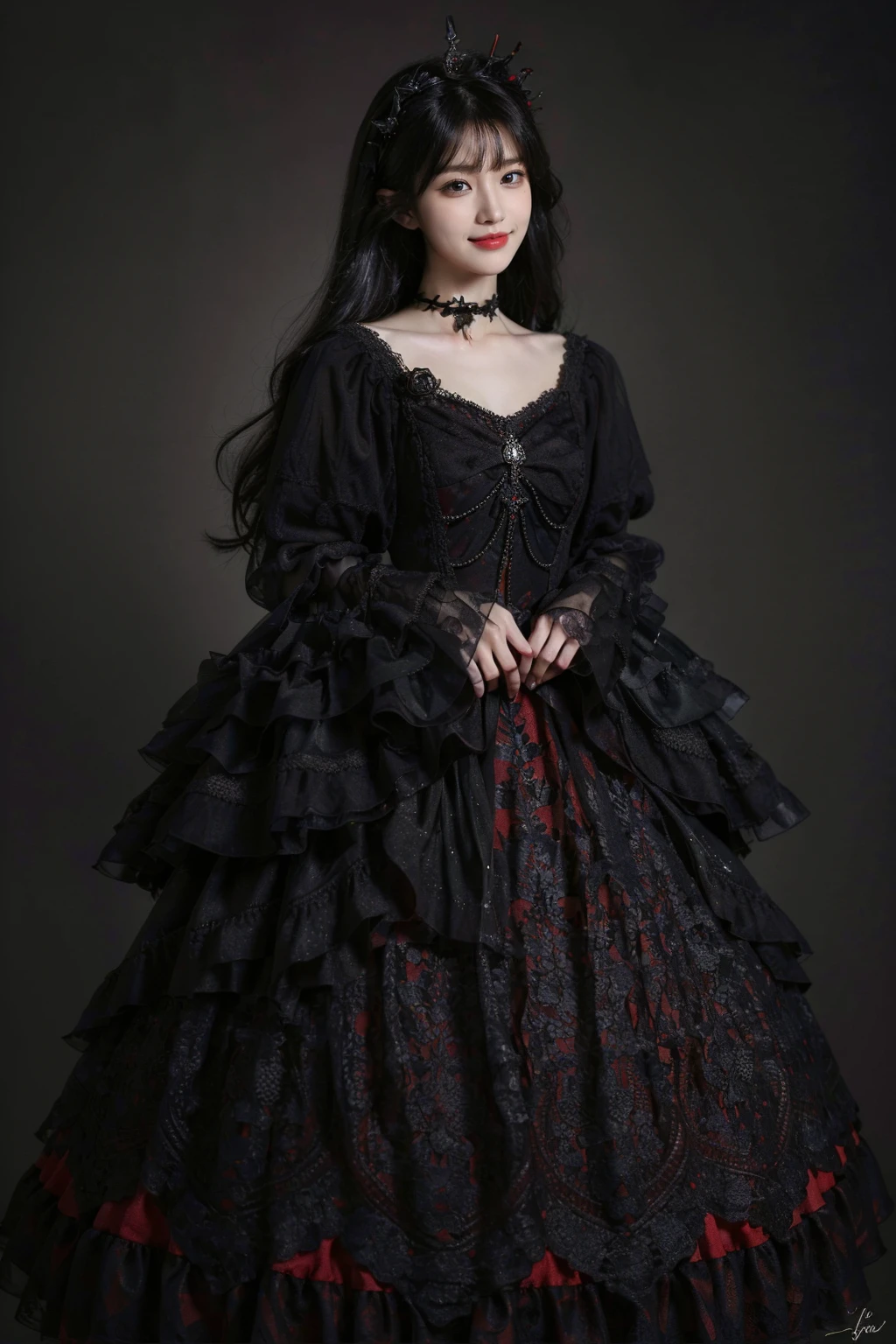 best quality, masterpiece, photorealistic, 1girl, solo, cowboy shot, long black hair, straight hair, blunt bangs, looking at viewer, smile, lo dress, layered dress, frills, choker, long dress, long sleeves, wide sleeves, hair ornament, simple background, <lora:lo_dress_gothic_style2_v2:0.7>