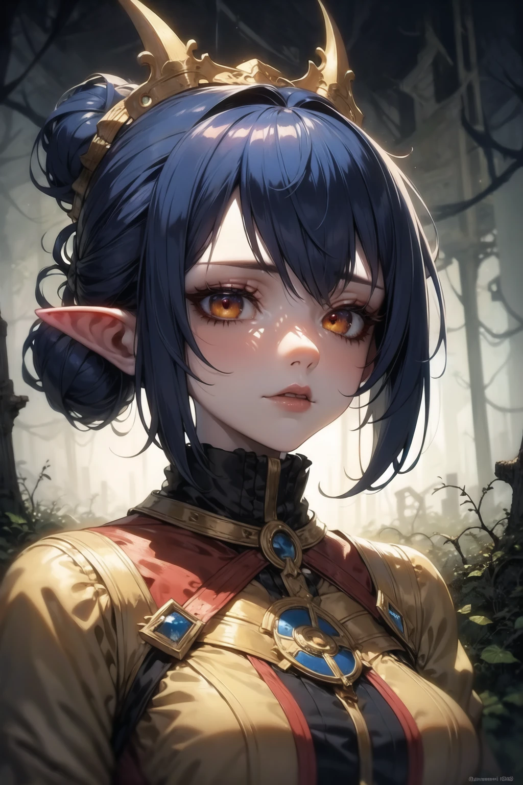Abandoned haunted carnival Beautiful goblin woman portrait wearing blue, elaborate updo hairstyle, auburn hair, adorned, 16K, UHD, HDR, Silent rides, eerie lights, fog, overgrown, spooky vibe