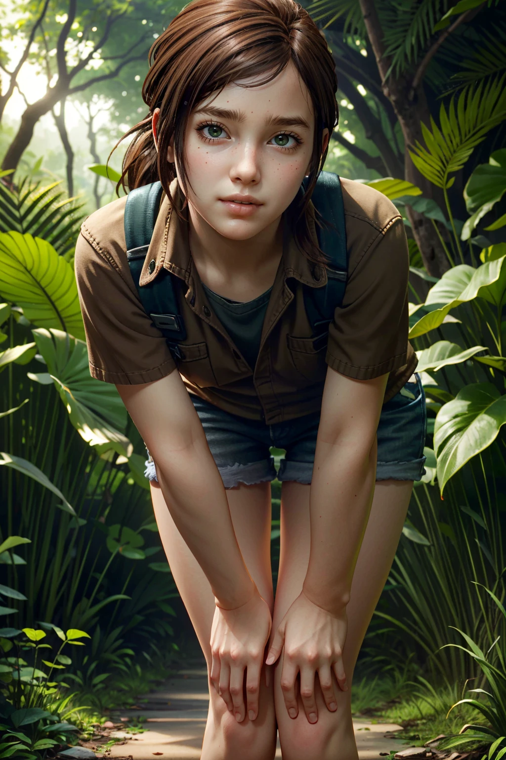 ((masterpiece, best quality))
<lora:TLOUEllie:0.8>
TLOUEllie, 1girl, solo, brown hair, long hair, green eyes, Amidst a dense rainforest with exotic flowers, leaning forward with hands on knees