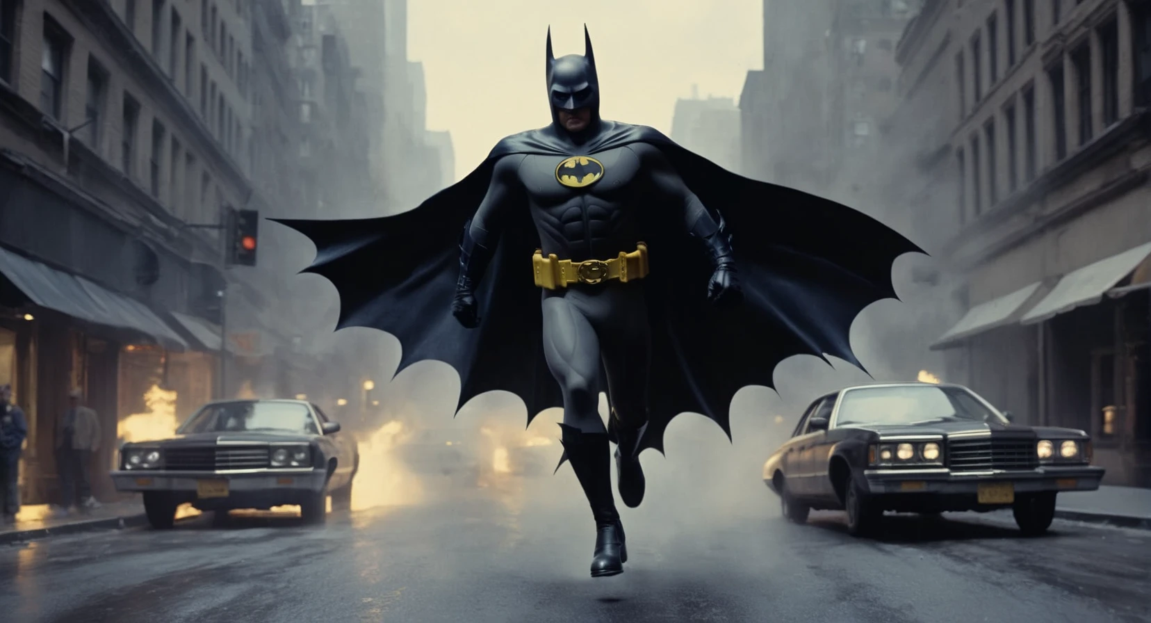 concept art of  Cinematic Film stock footage in (arri alexa style) Kodak film print,   <lora:batman 1989:1> batman 1989 a man in a batman costume chasing a man in a hat, digital artwork, illustrative, painterly, matte painting, highly detailed