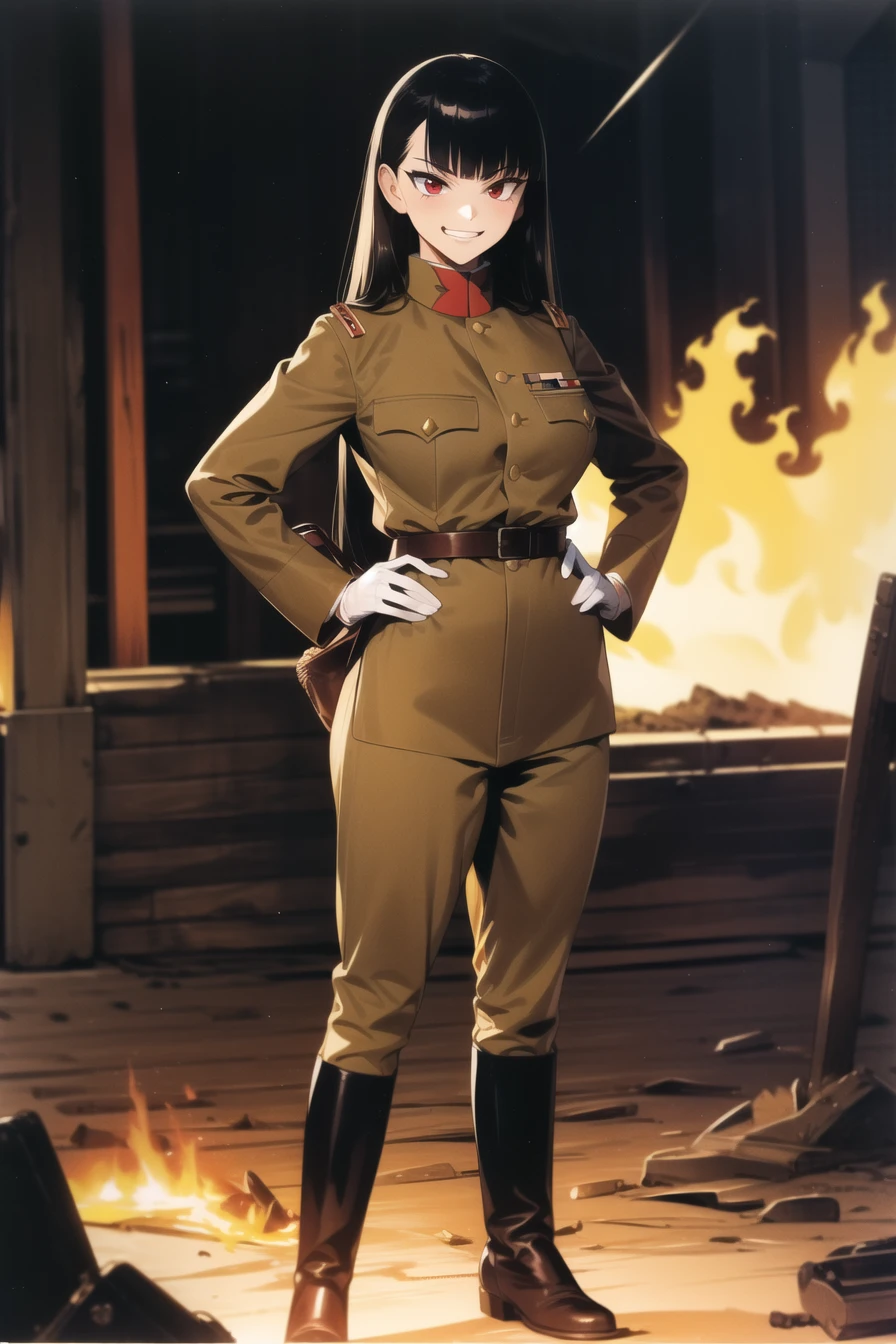 masterpiece, best quality, absurdres, high resolution, extremely detailed, 1girl, solo, cowboy shot, ((IJA Taisho, khaki uniform, IJA officer,golden sling,general staff, medals,)),black long boots, hand on hip, medium breasts,  breasts,  narrow waist,  black hair, long hair, hime cut,  blunt bangs, red eyes, smug,evil smile,  <lora:IJAuniform-v0-000005:0.9>, white gloves, holster, leather belt pouch, ruined city, ruined street, on fire, night sky, battle ground, crater,
