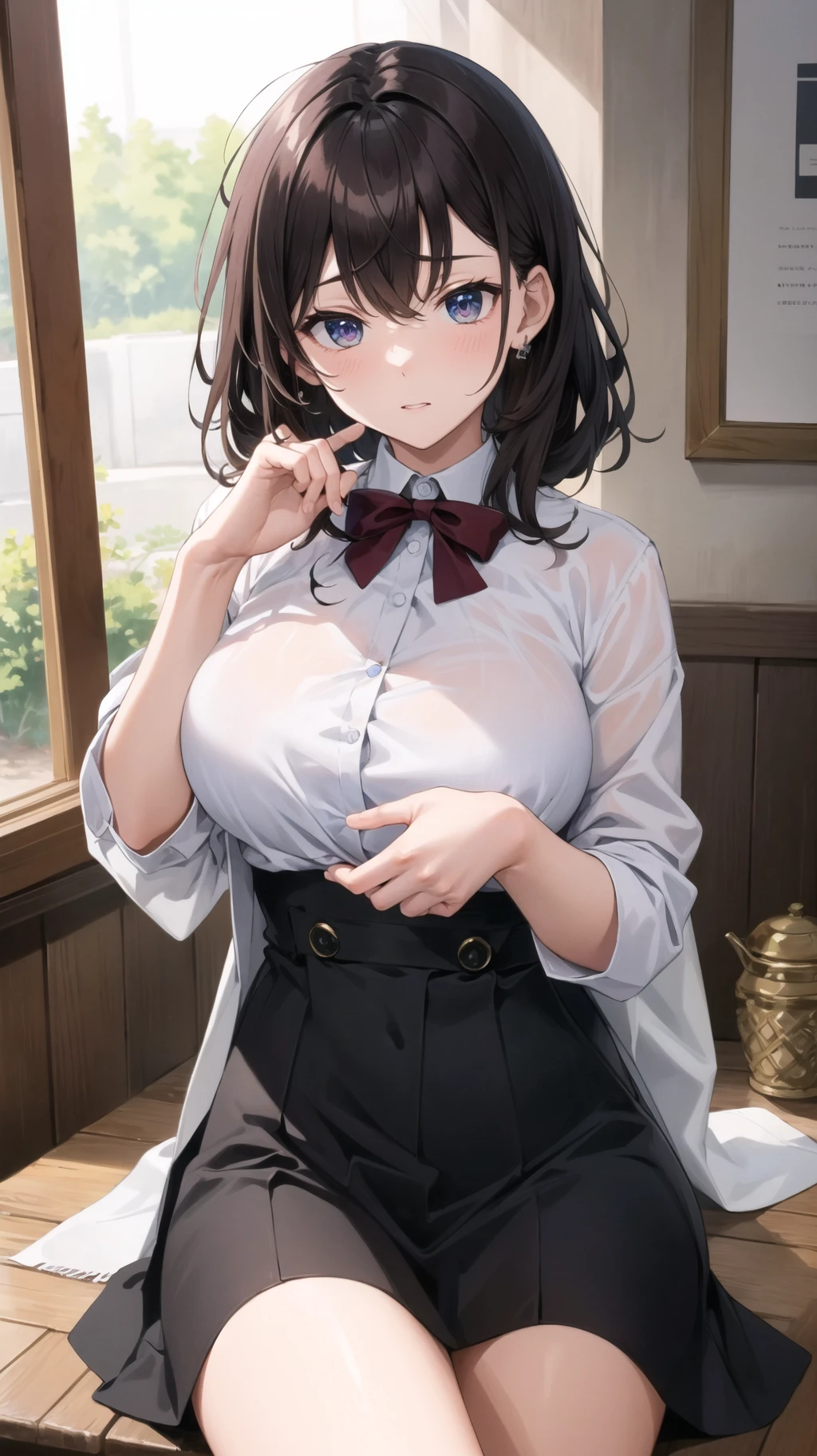 (masutepiece:1.4), ((Best Quality)), (Ultra-detailed), ((kawaii)), (Cute), (Upper body), (colouring), ((Extremely detailed)), 4K, (8K), Best Quality, (Beautiful), Illustration, Anime style, Dynamic Angle, shooting pose, Shake your chest, (from wildcard:1.4), heavy outline, clear outlines, Gradation, (full body focus), (English Garden), ,1girl in, (School Uniforms), Solo, (DarkBrown hair),(Beautiful colored eyes),slightly wheat-colored skin,(large tits),Open mouth, Sweat, steam, sparkling effect, Lens Flare, shiny-glistening, gleaming