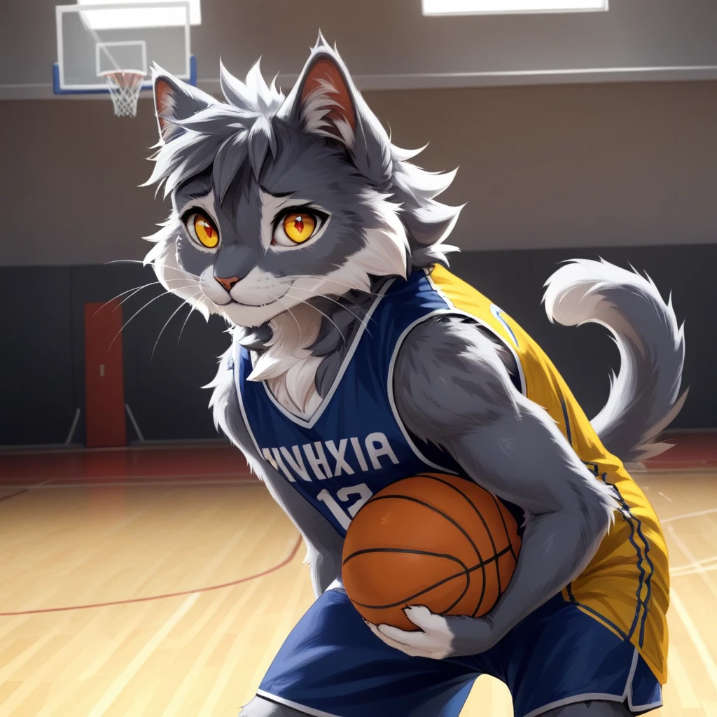 furry, anthropornorphic, masterpiece, high quality, absurd res, digital painting \, (artwork\), by dagasi, yupa, kiyosan, yiffy1234, (fluffy fur:1.1), (bright:0.8), anthro male cat., (orange eyes, Gray blue fur, full body fur, cat snout:1.2), bright eyes, panorama, character focus.detailed background, (Yellow basketball jersey, sweating, dribble, playing basketball:1.2), (indoor, basketball court:1.2, )