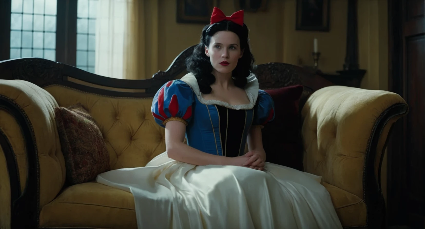 Dark Fantasy Art of (Cinematic Film stock footage style) in (arri alexa style) (Kodak film print style),
<lora:Snow White-000003:1>
Snow White a hot woman in a snow white costume dress is sitting on a couch, dark, moody, dark fantasy style