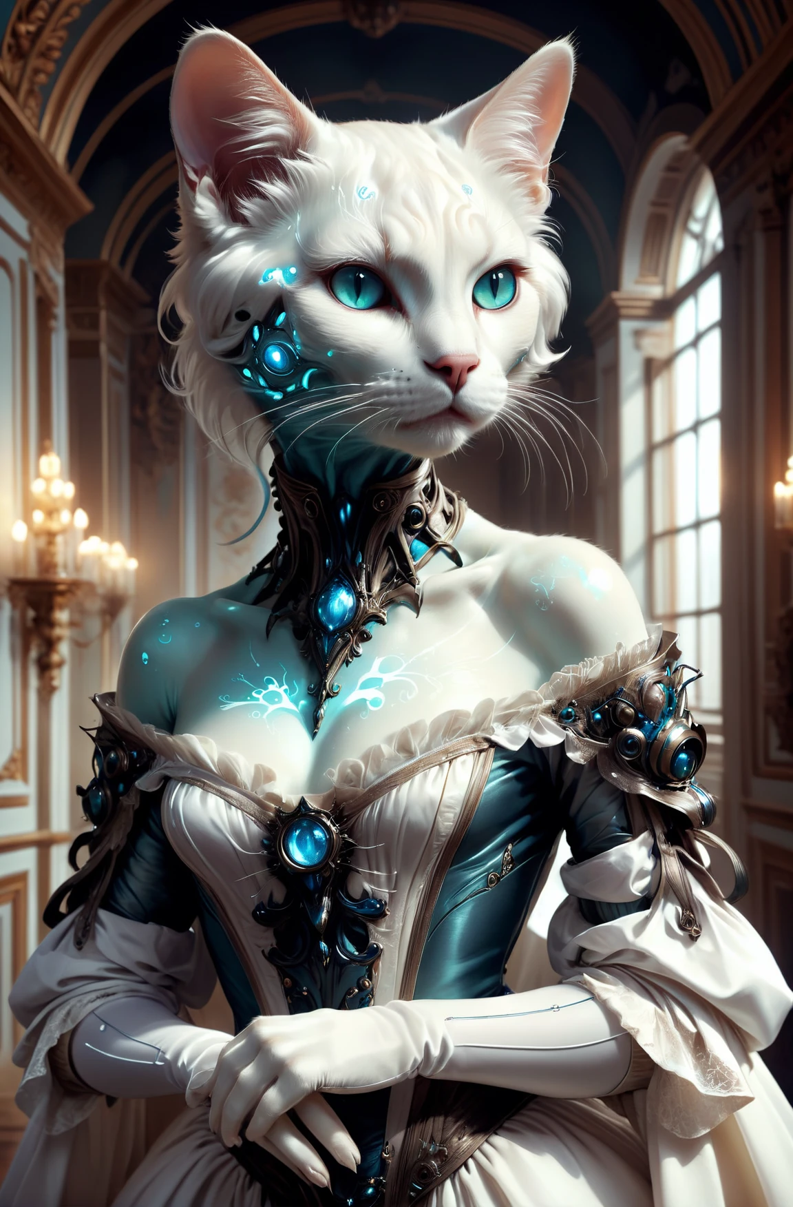 <lora:GeorgianStyleLocal:0.8> GeorgianStyle, a photographic portrait of a anthropomorphic bioluminescent cat wearing white clothes, bare shoulders, fantasy, intricate, elegant, highly detailed, digital painting, artstation, concept art, smooth, sharp focus, illustration, art by artgerm and h r giger and alphonse mucha, 8 k
