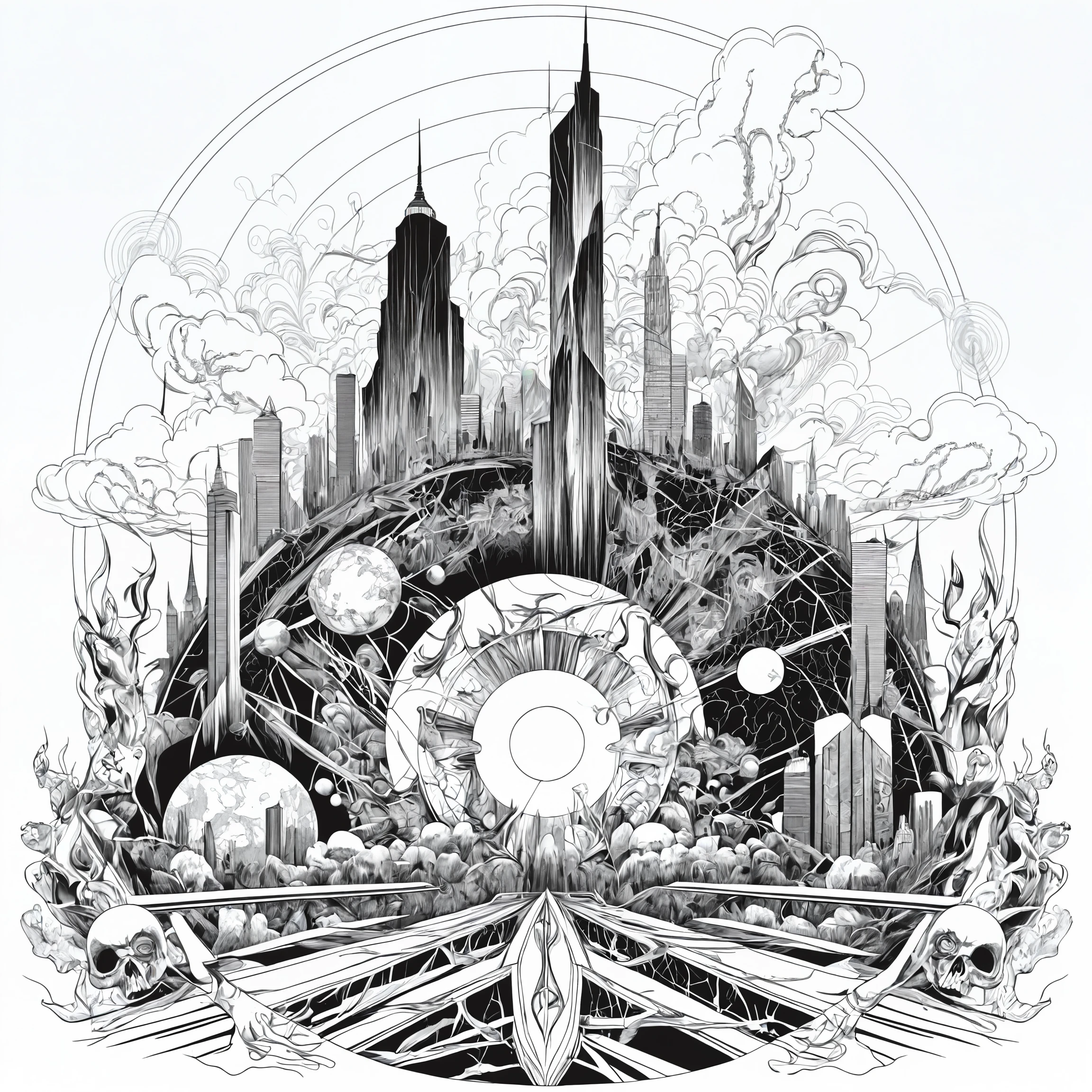 line art drawing Tattoo artwork the end of the world, burning destroyed city after nuclear blast . professional, sleek, modern, minimalist, graphic, line art, vector graphics
, undefined