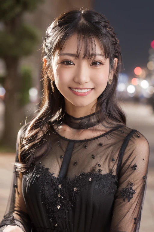 1girl, (wearing a black evening dress:1.8),(RAW photo, best quality), (realistic, photo-realistic:1.4), masterpiece, an extremely delicate and beautiful, extremely detailed, 2k wallpaper, Amazing, finely detail, extremely detailed CG unity 8k wallpaper, ultra-detailed, highres, soft light, beautiful detailed girl, extremely detailed eyes and face, beautiful detailed nose, beautiful detailed eyes,cinematic lighting,(in the city at night:2.0),(night city view:1.6),perfect anatomy,(slender body:2.0),(laughing:1.4),(close up:1.7),(open eyes:1.8),(look at viewer),(front view:1.0),(young  japanese girl:1.6),cinematic angle,(wavy short  hair), (brown eyes:1.8),(standing:2.0),(cleavage:1.4), <lora:nochimotomoeha_lora-02:0.8>