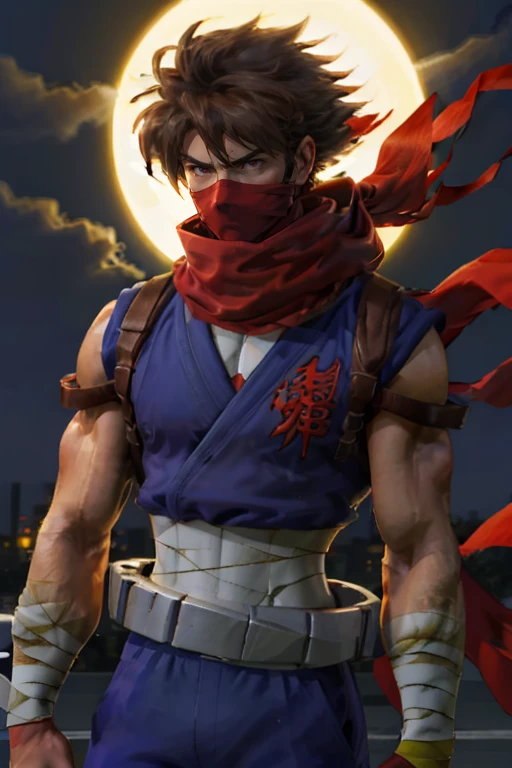 Strider_Hiryu, solo, brown hair, red eyes, 1boy, male focus, scarf, mask, bandages, knife, armband, red scarf, ninja, moon background, <lora:Strider_Hiryu:1>, red, ultra realistic,32k,RAW photo,(high detailed skin:1.2), 8k uhd, dslr, soft lighting, high quality, film grain