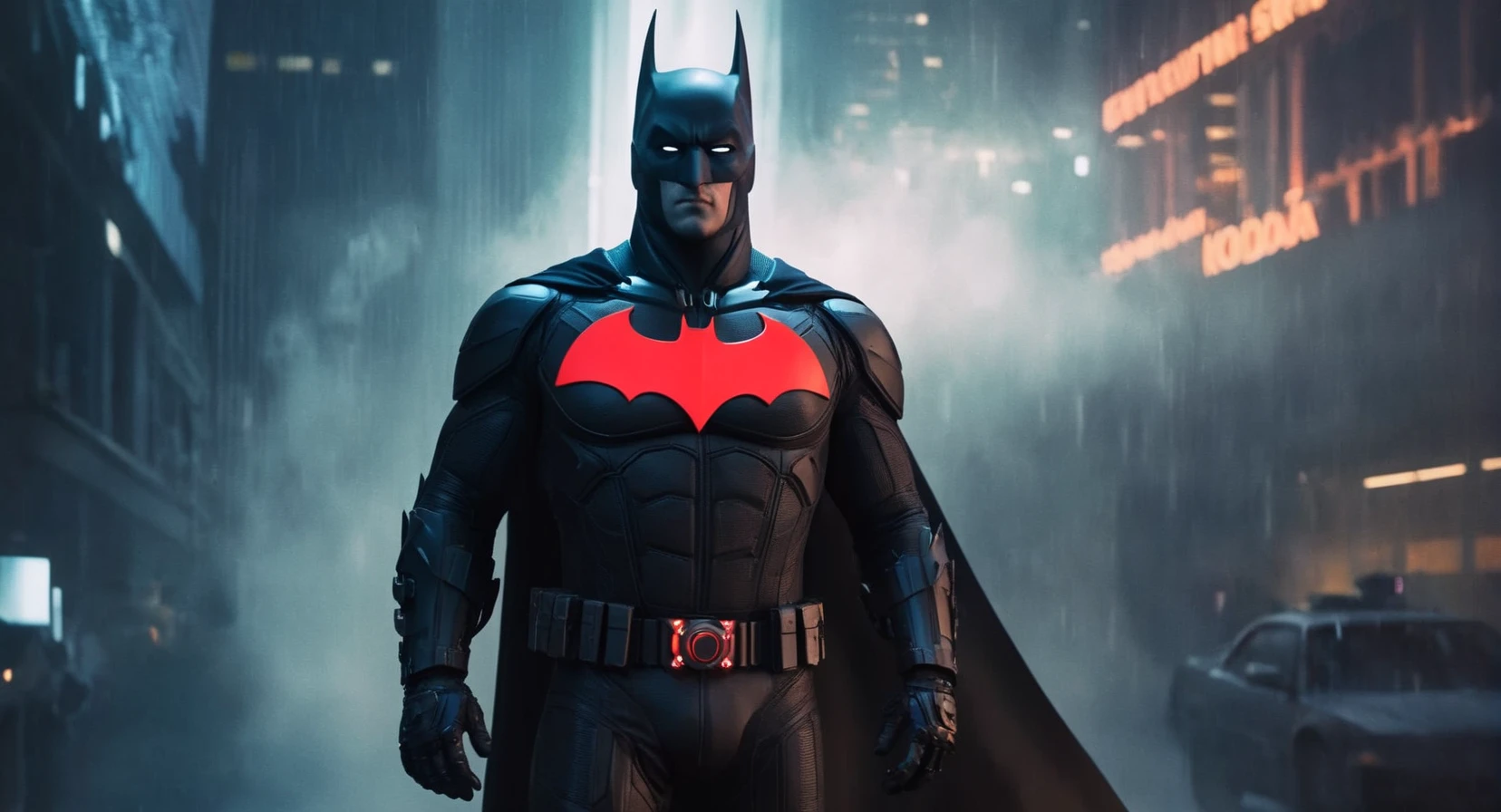 concept art of Cinematic Film stock footage in (arri alexa style) Kodak film print, <lora:Batman Beyond:1> Batman Beyond a man in a futuristic batman costume is standing, digital artwork, illustrative, painterly, matte painting, highly detailed