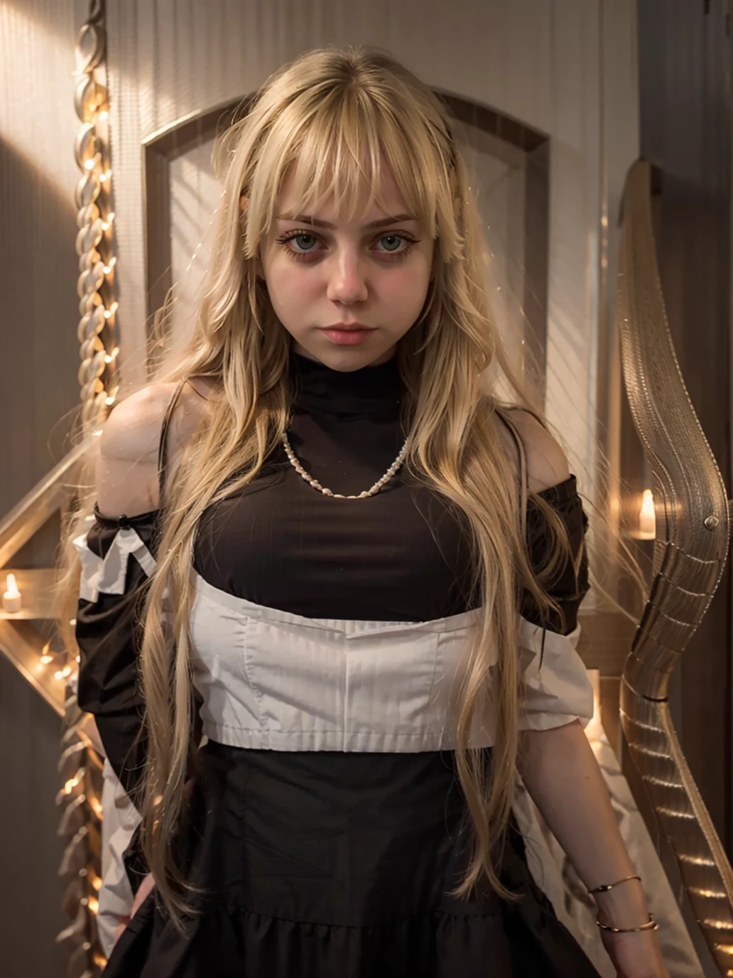 <lora:marymorgan_v4:1>, 1girl, solo, jewelry, blonde hair, long hair, necklace, lips, realistic, brown eyes, looking at viewer, upper body, bangs