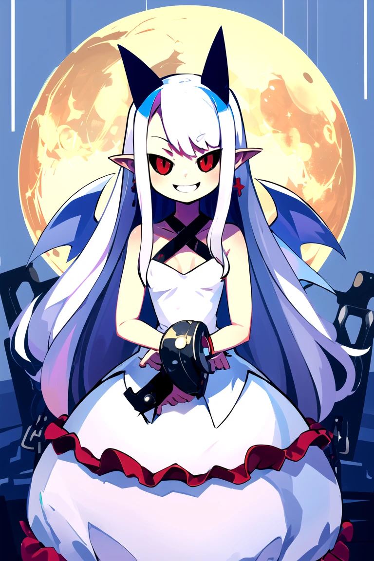 <lora:Harada_Takehito_Background_Dim32:0.5>,
((masterpiece,best quality)), absurdres,
<lora:Pram_Phantom_Kingdom_Anime_Dim32:0.8>, Pram_Phantom_Kingdom,
1girl, solo, long white hair, horns, pointy ears, red eyes, black sclera, jewelry, long dress, bubble skirt, earrings, chain, bat wings, albino, shackles, criss-cross halter,
solo, smiling, looking at viewer, cowboy shot,
cinematic composition,
full moon in background,