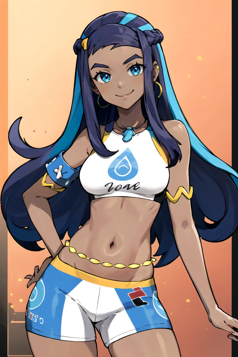 <lora:Sugimori_Ken_Style_v2:0.7>,
((masterpiece,best quality)), absurdres,
<lora:Nessa_Pokemon_Anime_Dim32:0.8>, Nessa_Pokemon,
1girl, solo, dark skin, blue eyes, black hair, blue hair, two-tone hair, shorts, crop top, jewelry, necklace, earrings, belly chain, armlet, midriff,
solo, smiling, looking at viewer, cowboy shot,
cinematic composition, contrapposto,