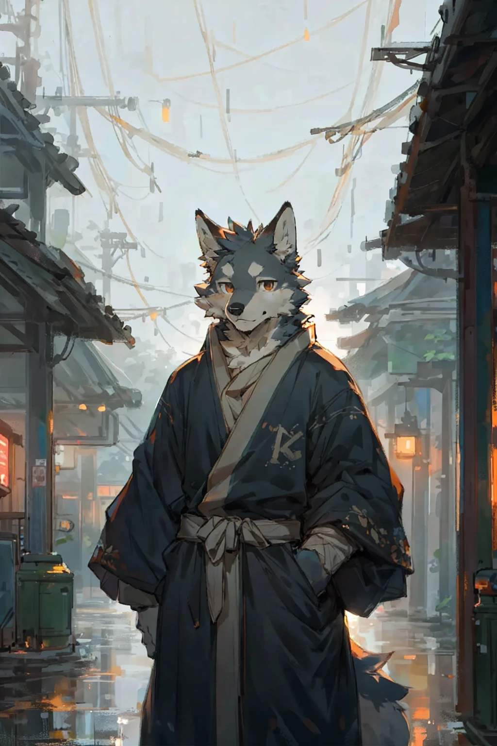 masterpiece, best quality, perfect anatomy,
by milkytiger1145,by canyne khai,
solo,male,anthro,wolf,baggy clothing, gentle,
bright eyes, detailed eyes, looking at viewer,
train station, waterdrop, grey sky, raining, fog,