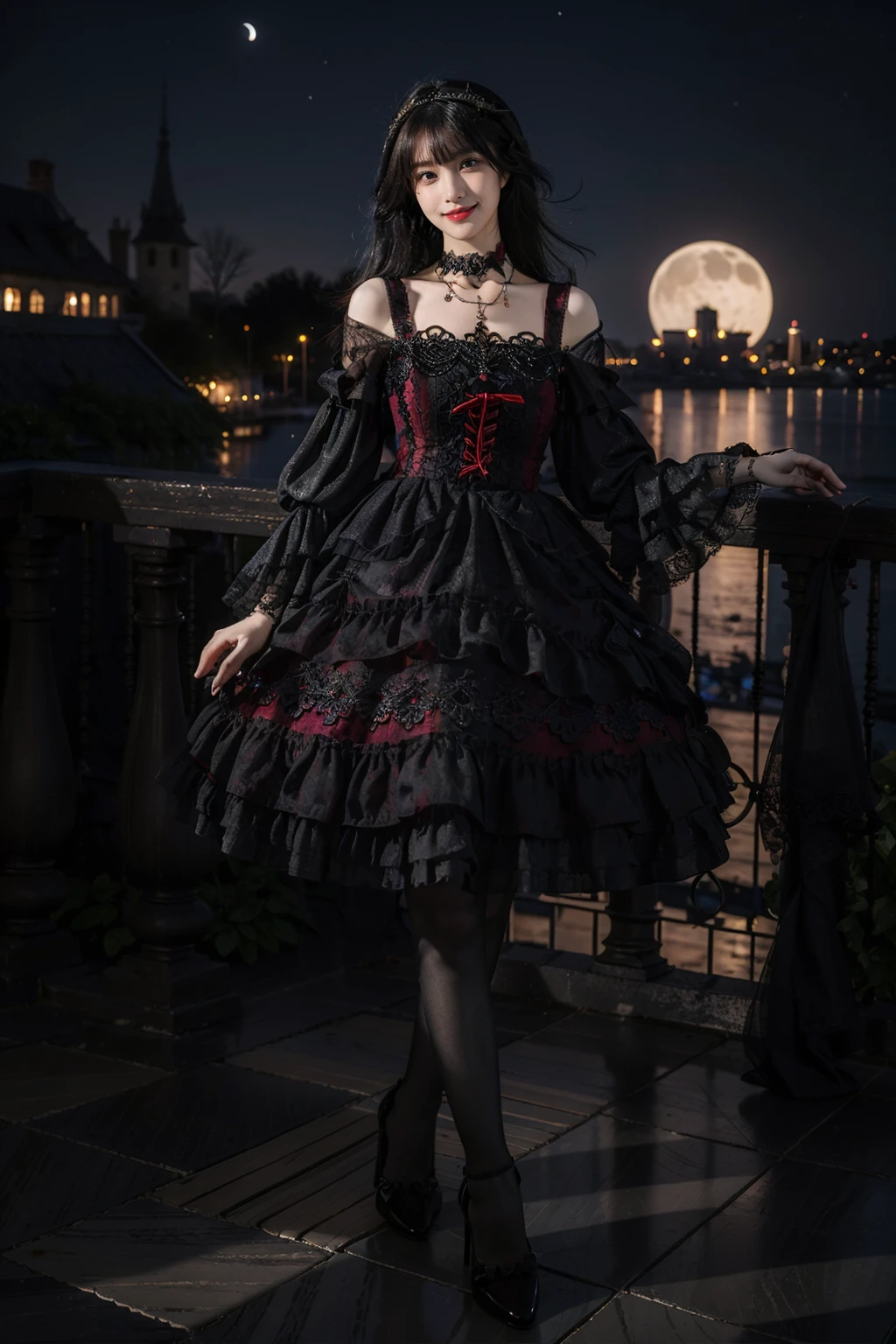 best quality, masterpiece, photorealistic, 1girl, solo, standing, long black hair, straight hair, blunt bangs, looking at viewer, smile, full body, lo dress, gothic, detached sleeves, necklace, choker, long sleeves, wide sleeves, pantyhose, high heels, hair ornament, castle, night, moon, <lora:lo_dress_gothic_style1_v2:0.7>