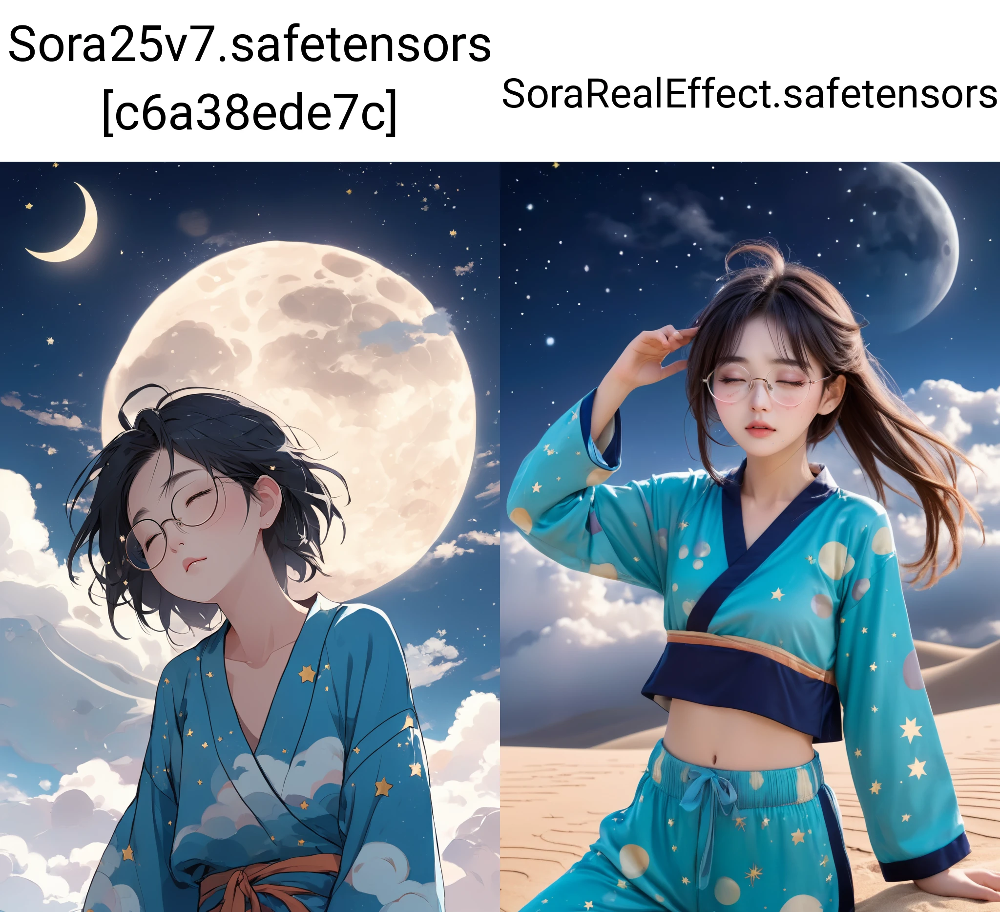 1girl, moon, stars, clouds, glasses, Dunhuang sleepwear, midriff, (crying, blushing, eyes close, tear on face