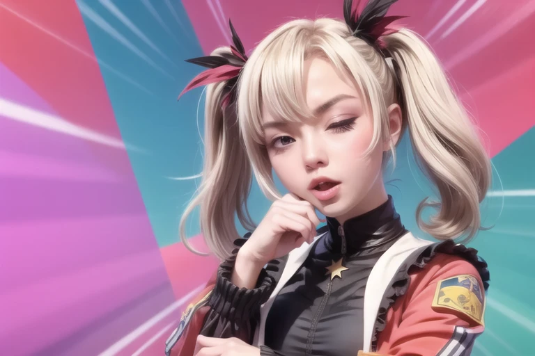 (one eye closed:0.85), solo, bangs, looking at viewer, upper body, open mouth, hand on chin, blonde hair, long hair, twintail, dress
<lora:dsno:0.9>