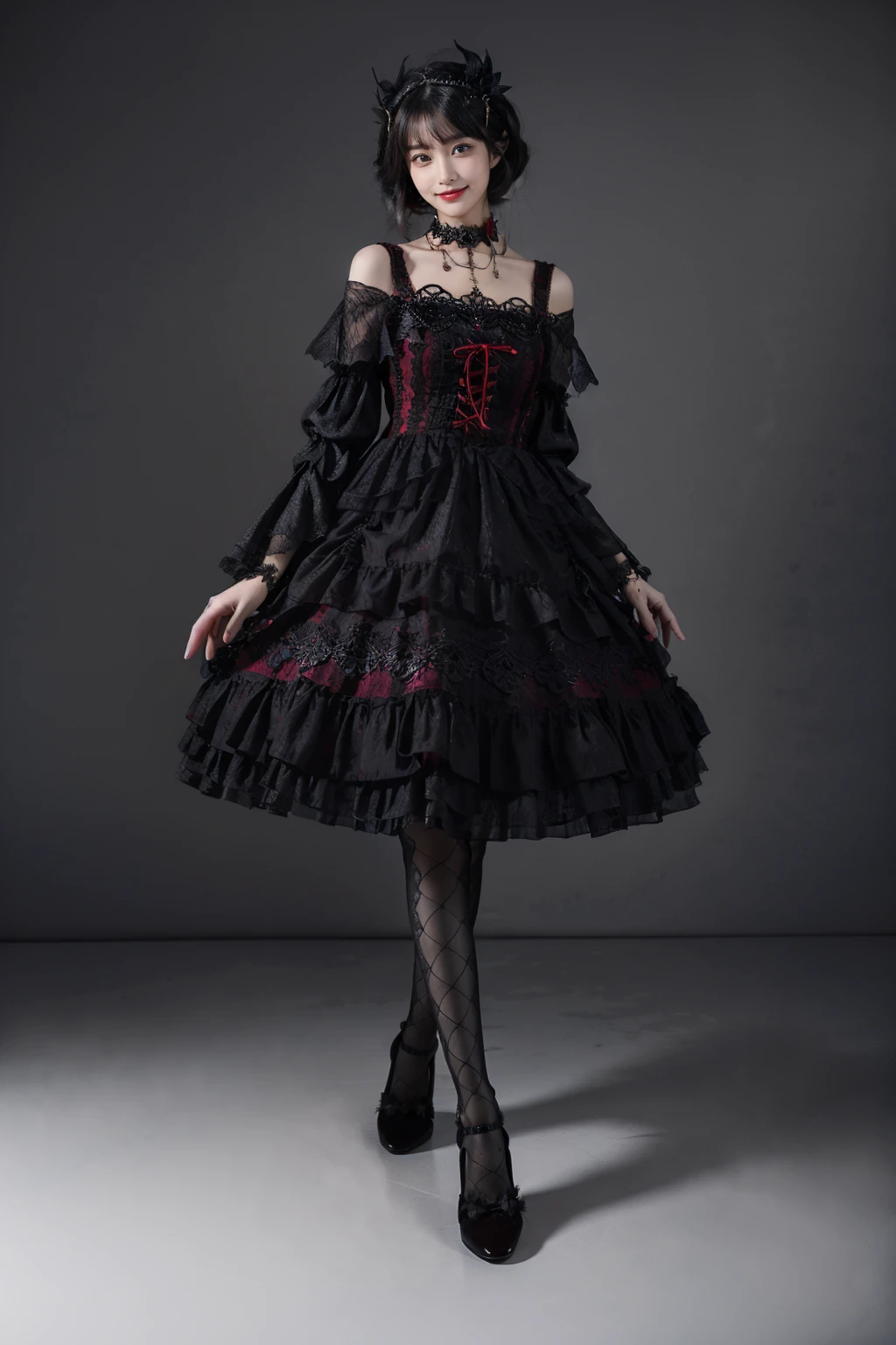 best quality, masterpiece, photorealistic, 1girl, solo, standing, long black hair, straight hair, blunt bangs, looking at viewer, smile, full body, lo dress, gothic, detached sleeves, necklace, choker, long sleeves, wide sleeves, pantyhose, high heels, hair ornament, simple background, <lora:lo_dress_gothic_style1_v2:0.7>