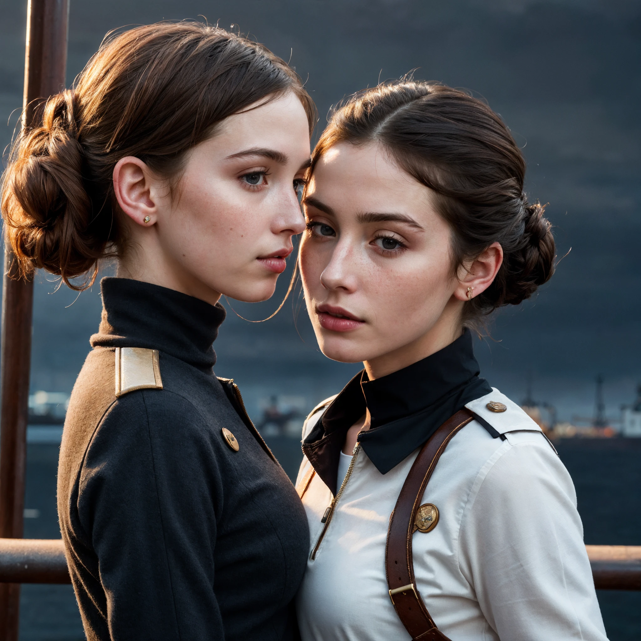 (2 girls:1.2), kissing, ( freckles:0.8), perfect eyes, chestnut bun hair, Style-GravityMagic, upper body, (detailed background:1.2), detailed face, (dieselpunk, ww2 dieselpunk theme:1.1), ship captain, calm, orange admiral uniform, dynamic movement, in port, rigging, rail, ship wheel, island in background, overcast, (dramatic lighting:1.2), tense atmosphere, volumetric light, masterpiece, 8k, perfect lighting, (complimentary colors:1.2), (best quality:1.3), dramatic lighting, (intricate details:1.1), subsurface scattering, ultrarealistic,