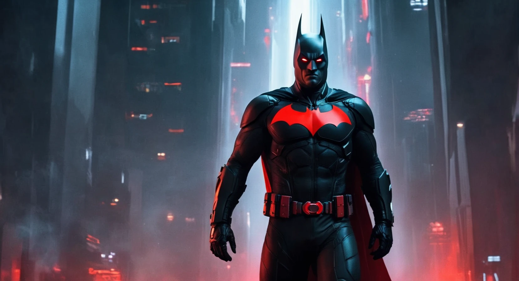 concept art of Cinematic Film stock footage in (arri alexa style) Kodak film print, <lora:Batman Beyond:1> Batman Beyond a man in a futuristic black suit with a red cape, digital artwork, illustrative, painterly, matte painting, highly detailed