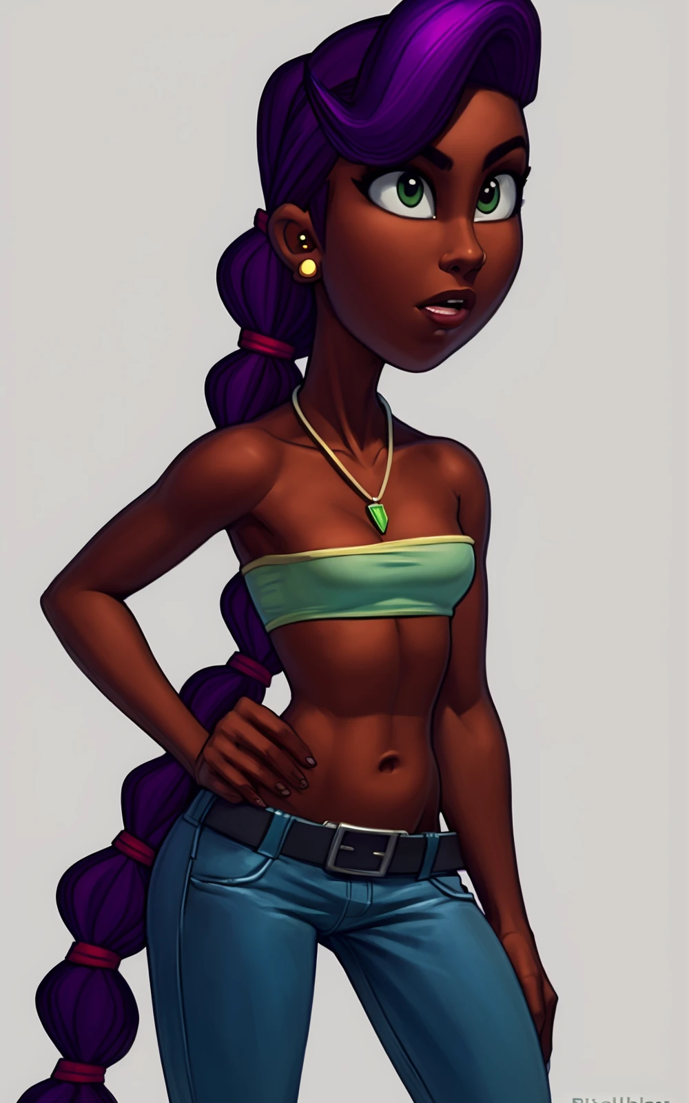 8k,4k,((Best quality, masterpiece, ultra high resolution)),((full body)),standing,by pixelsketcher, <lora:Sierra:1.25>,pants, purple hair,midriff, earrings, braid, bare shoulders,dark skin,white belt,aqua pants, navel,(long hair),human,white background,solo,1girl,necklace,((green bandeau))