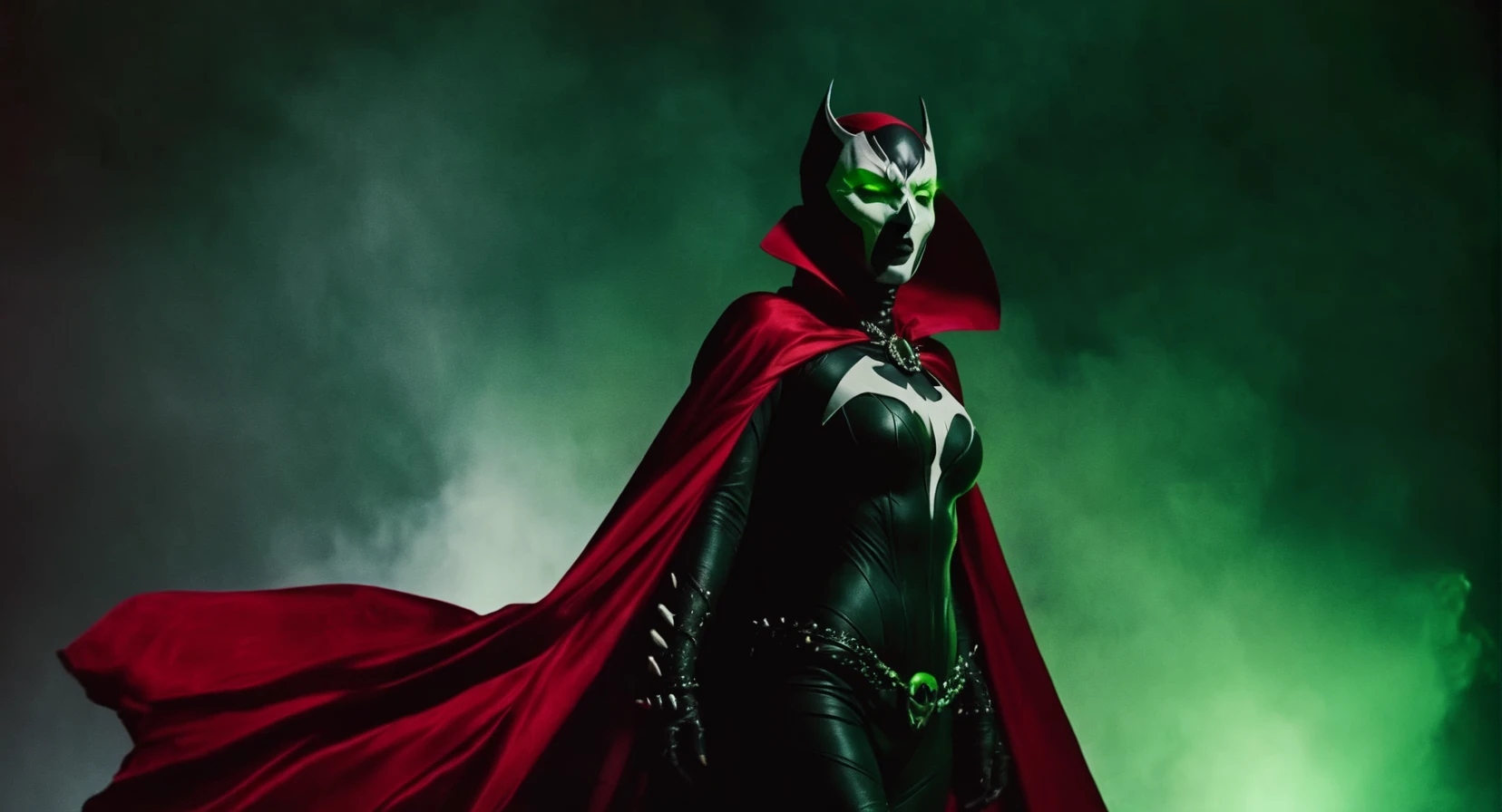 Dark Fantasy Art of (Cinematic Film stock footage style) in (arri alexa style) (Kodak film print style),
<lora:Spawn:1>
Spawn a woman in a living symbiotic costume with a red cape and a black and white mask and green glowing eyes, dark, moody, dark fantasy style