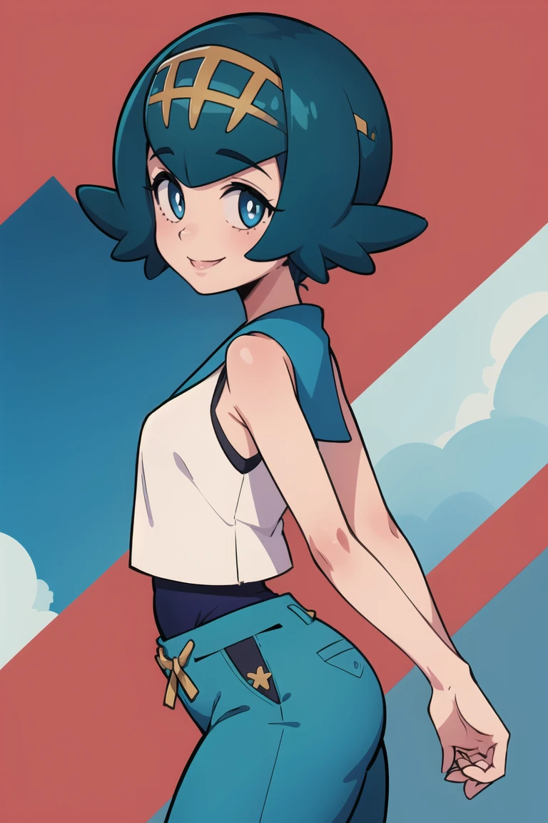 ((masterpiece,best quality)), absurdres,
<lora:Lana_Pokemon_v2_Anime:0.7>, Lana_Pokemon,
1girl, solo, curvy, short blue hair, blue eyes, yellow hairband, white shirt, sleeveless, blue sailor collar, blue pants, bright pupils, swimsuit under clothes,
solo, smiling, looking at viewer, cowboy shot, side view,
cinematic composition, contrapposto,