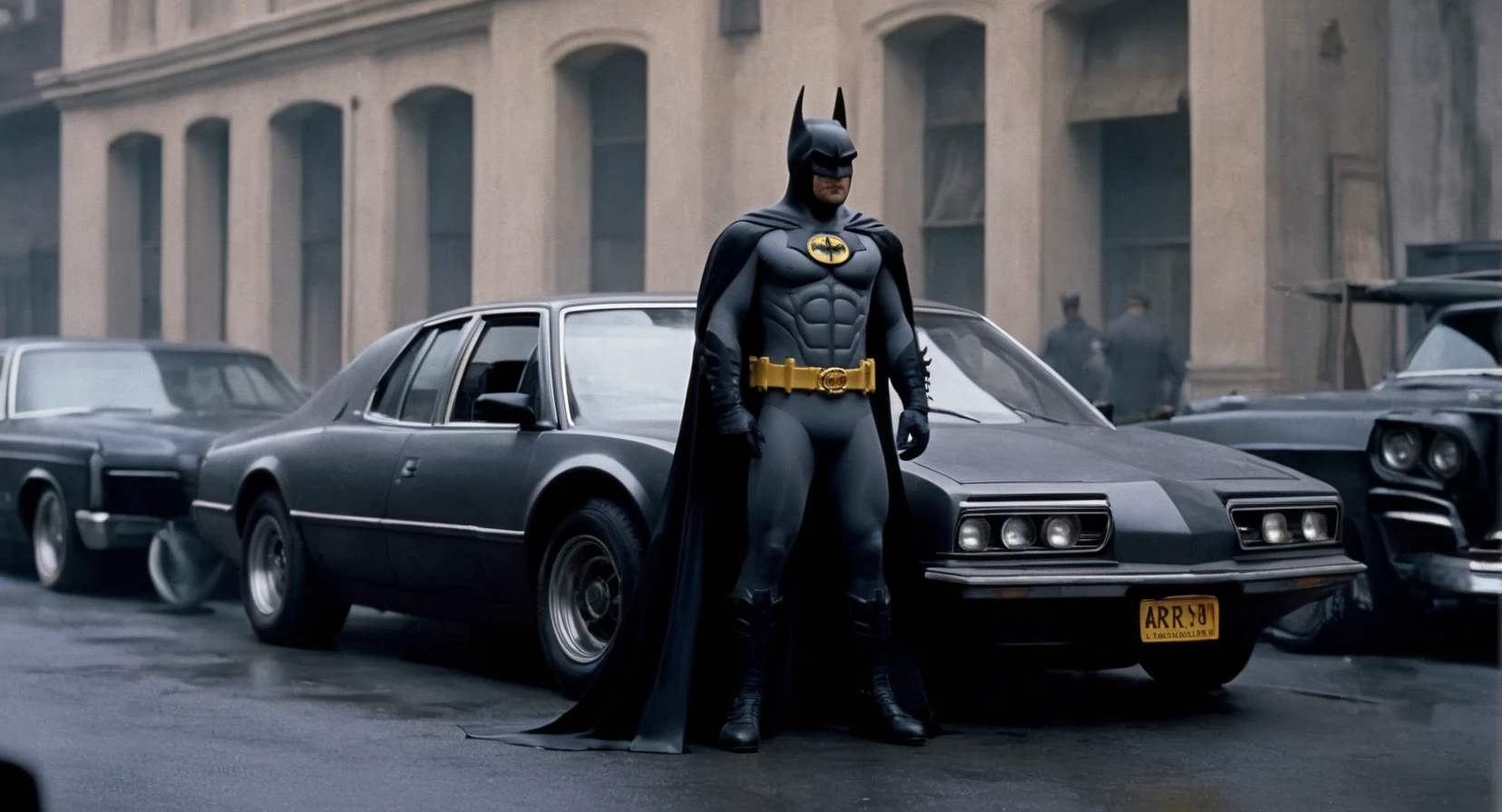 concept art of Cinematic Film stock footage in (arri alexa style) Kodak film print, <lora:batman 1989:1> batman 1989 a man in a batman costume standing next to a car, digital artwork, illustrative, painterly, matte painting, highly detailed