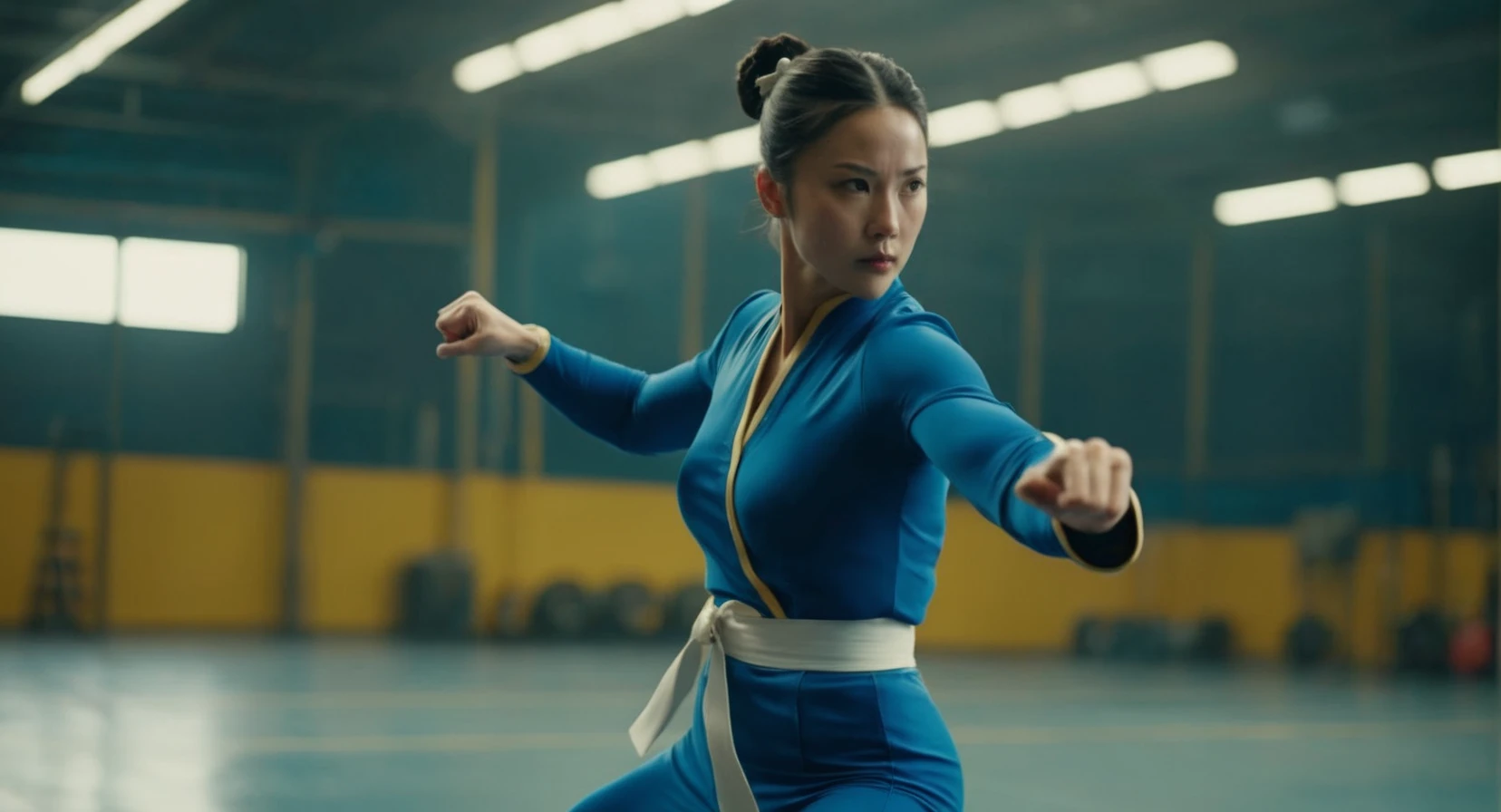 cinematic film still of Cinematic Film stock footage in (arri alexa style) Kodak film print, <lora:chun li:1>Chun-Li a woman in a blue outfit kicking a kick, shallow depth of field, vignette, highly detailed, high budget, bokeh, cinemascope, moody, epic, gorgeous, film grain, grainy