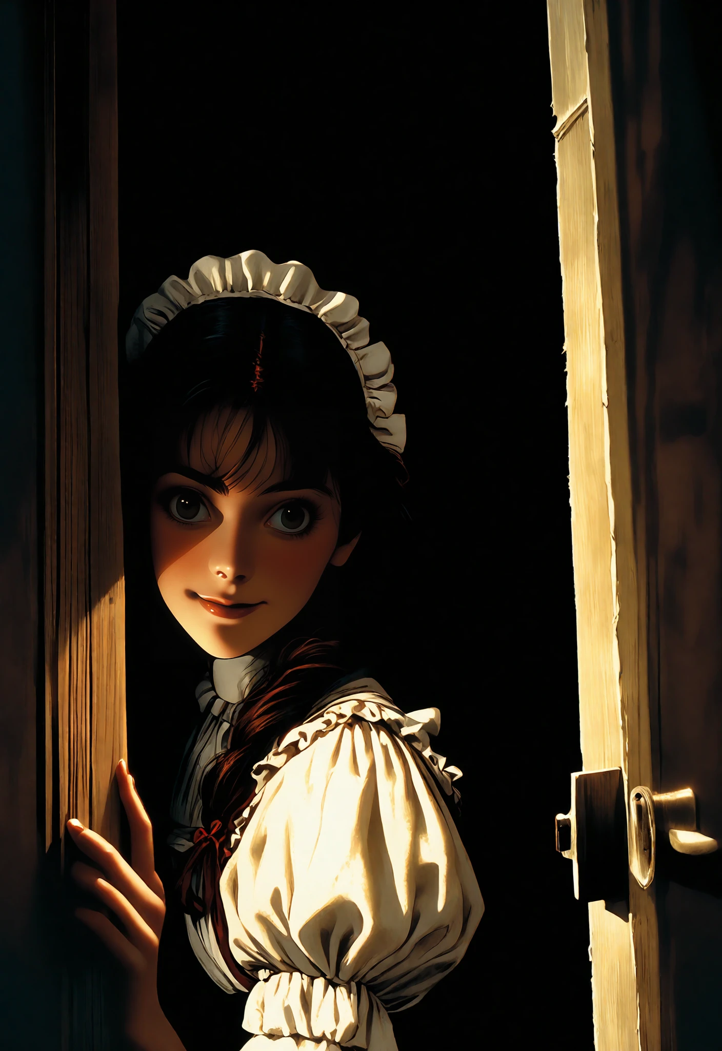 Dvd screengrab, from 1985 dark fantasy film, vintage style art, horror movie, raggedy chamber maid hiding behind a door, streak of light is falling on her, 18th clothing, high detail, realsitic shadow