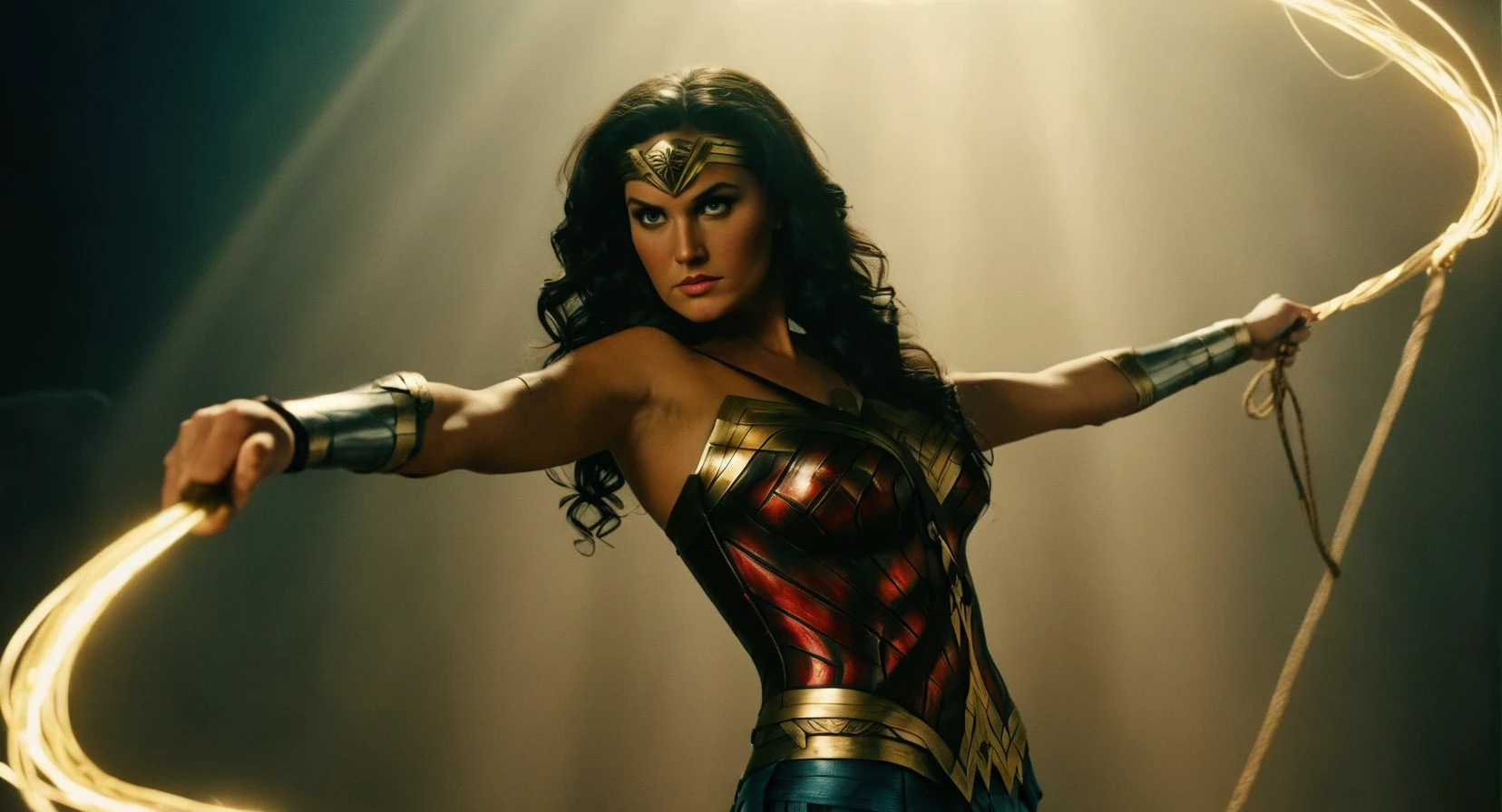cinematic film still of Cinematic Film stock footage in (arri alexa style) Kodak film print, <lora:Wonder Woman:1> Wonder Woman a woman in a Wonder costume holding a shiny golden Lasso , shallow depth of field, vignette, highly detailed, high budget, bokeh, cinemascope, moody, epic, gorgeous, film grain, grainy