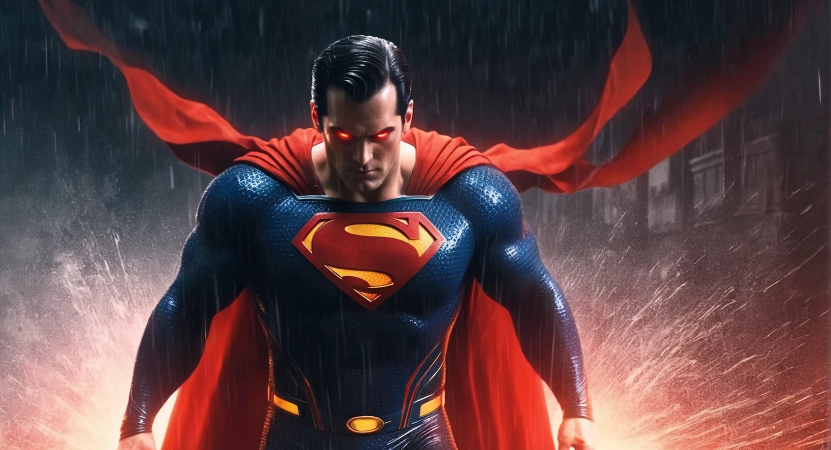 concept art of Cinematic Film stock footage in (arri alexa style) Kodak film print, <lora:Superman:1> Superman a man in a superman costume in the rain with red eyes heat vision fiery optic blasts, digital artwork, illustrative, painterly, matte painting, highly detailed