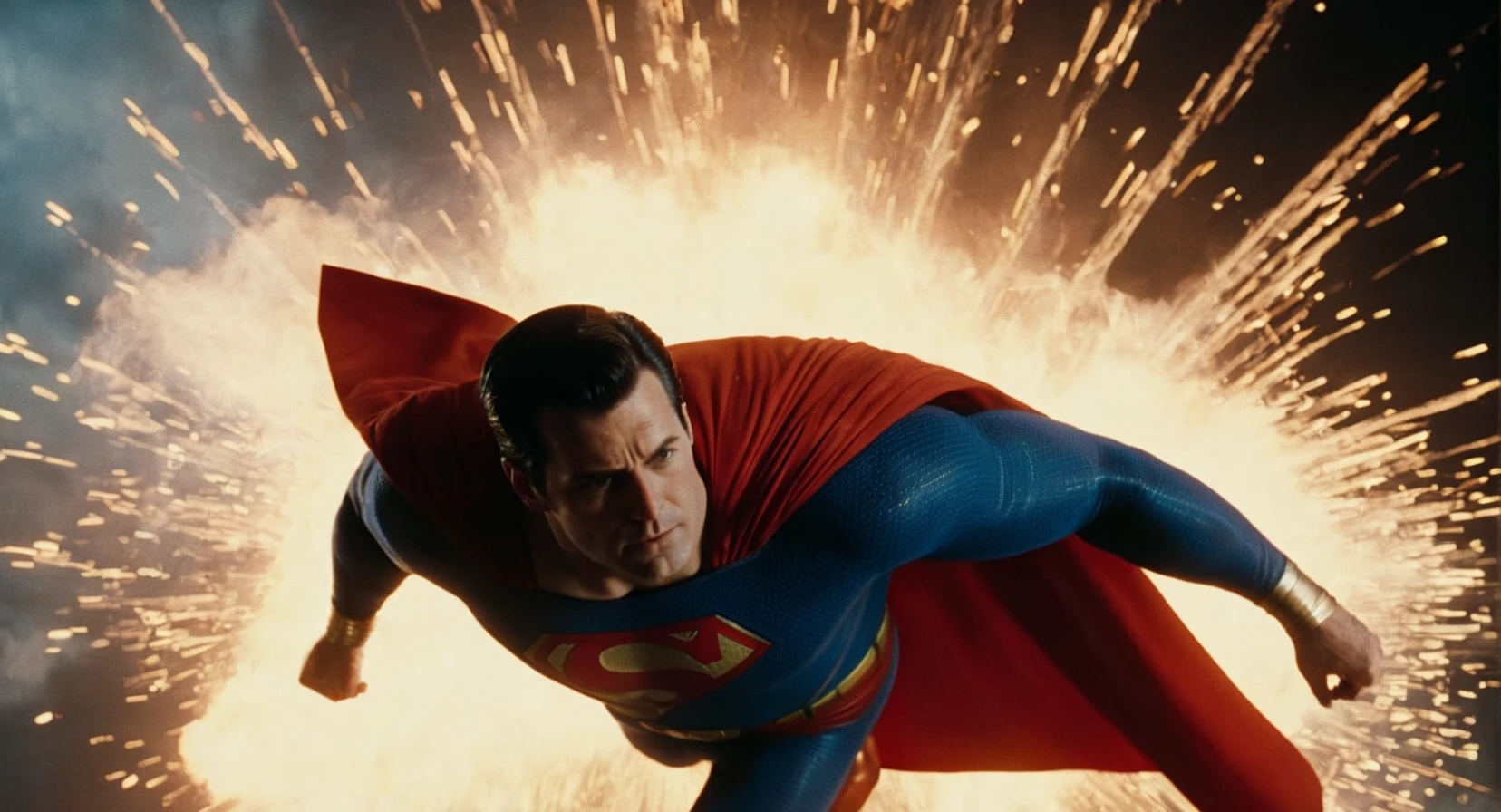 Cinematic Film stock footage in (arri alexa style) Kodak film print, <lora:Superman:1> Superman a man in a superman costume flying through the air while fiery beams of intensified heat coming out from both eyes