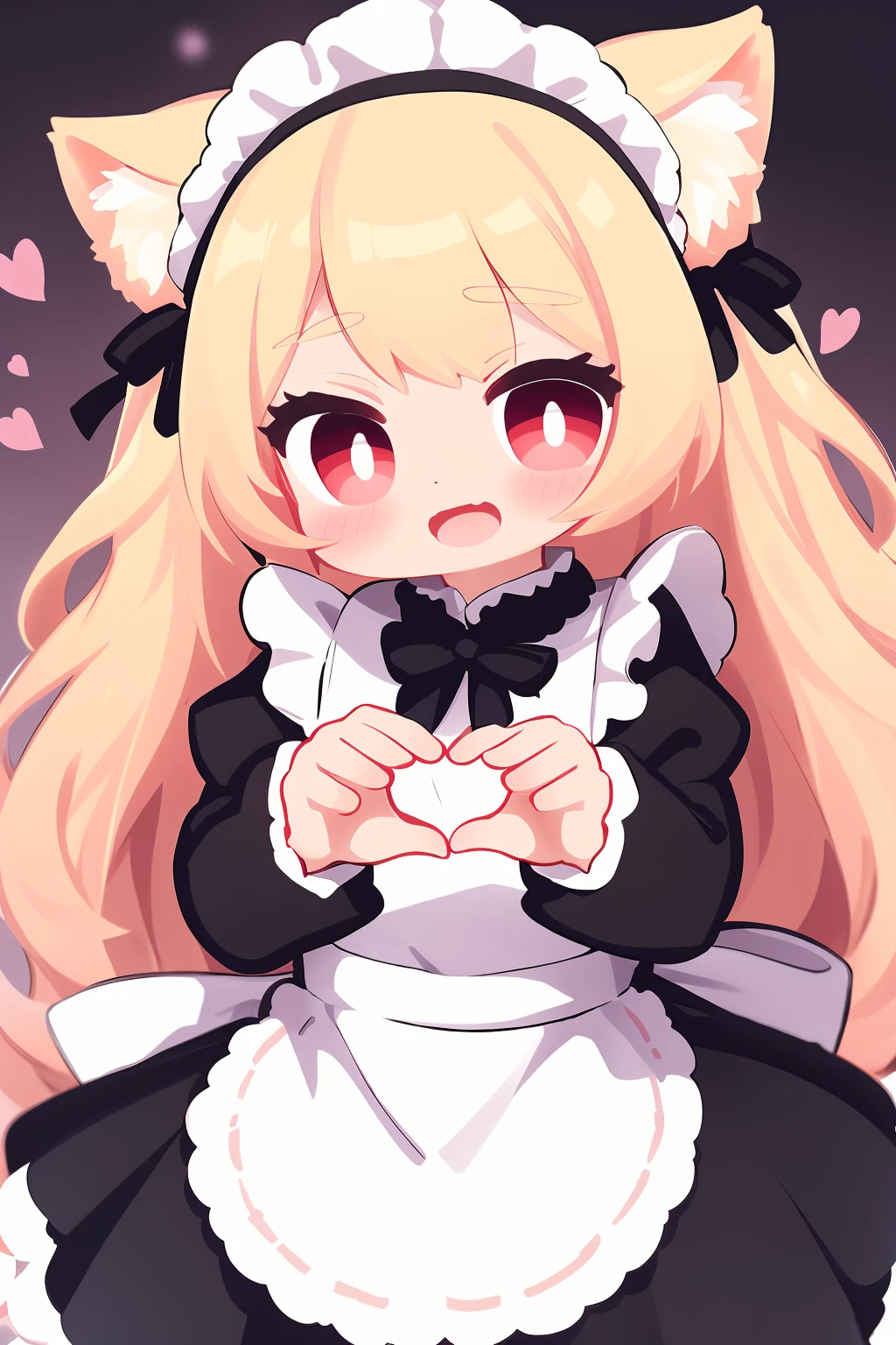 1girl, love, cute pose, blond hair, red eyes, long hair, maid, 🫶, Heart Hands, ❤️, happy, open mouth