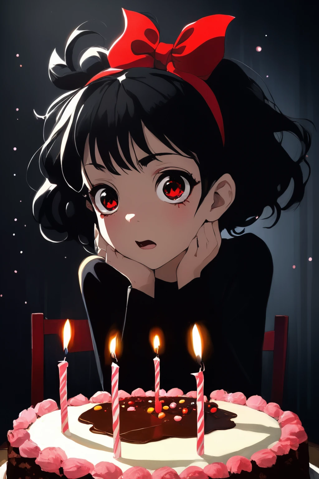 a beautiful young girl wearing a headband bow and sitting behind a birthday cake. Very dark night scene. Strong shadows, anime, She has dark shadows under her eyes, an angry expression on her face, and flushed cheeks. In stark contrast to the festive occasion, she seems disconnected from the joy that surrounds her. Presents are visible in the background, adding to the surreal atmosphere. Her hair is a striking mix of red and black
