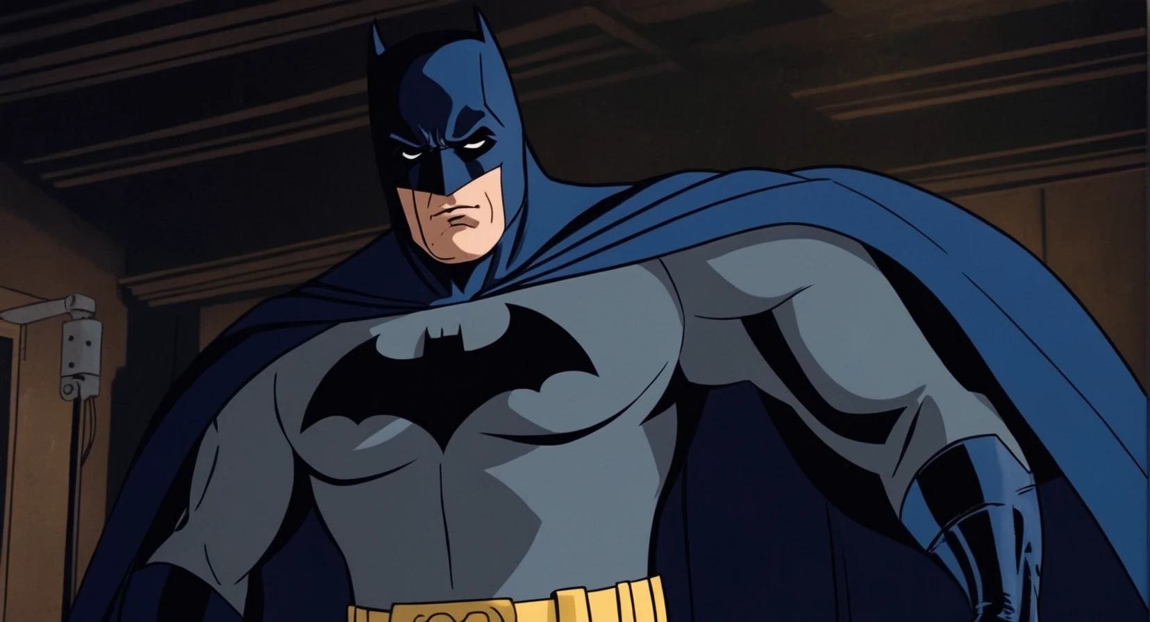 comic book art of Cinematic Film stock footage in (arri alexa style) Kodak film print, <lora:batman:1> batman a man in a dark blue batman costume is seen in a dark room, comic art, graphic novel illustration