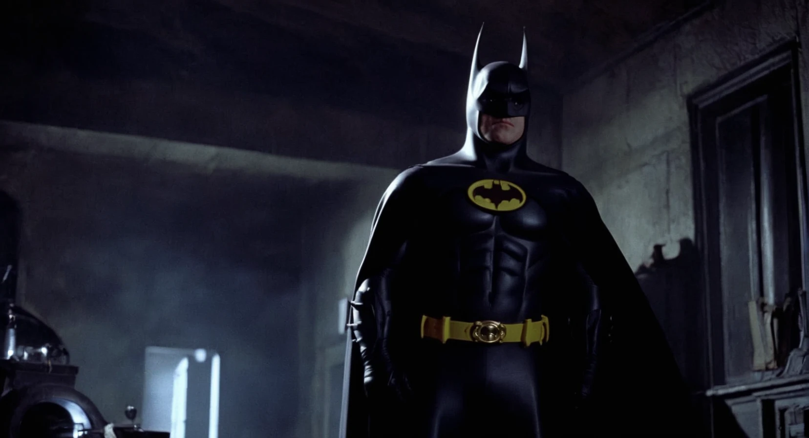 comic book art of Cinematic Film stock footage in (arri alexa style) Kodak film print, <lora:batman ????:1> batman ???? a batman costume is shown in a dark room, comic art, graphic novel illustration
