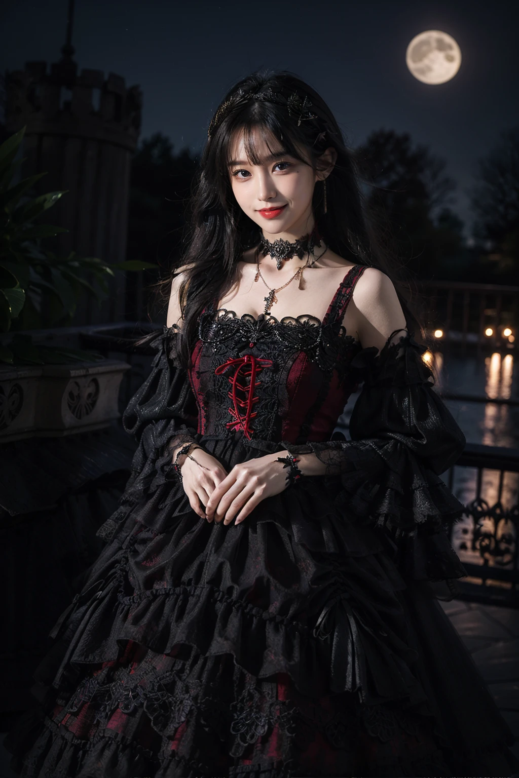 best quality, masterpiece, photorealistic, 1girl, solo, cowboy shot, standing, long black hair, straight hair, blunt bangs, looking at viewer, smile, lo dress, gothic, detached sleeves, necklace, choker, long sleeves, wide sleeves, hair ornament, castle, night, moon, <lora:lo_dress_gothic_style1_v2:0.7>