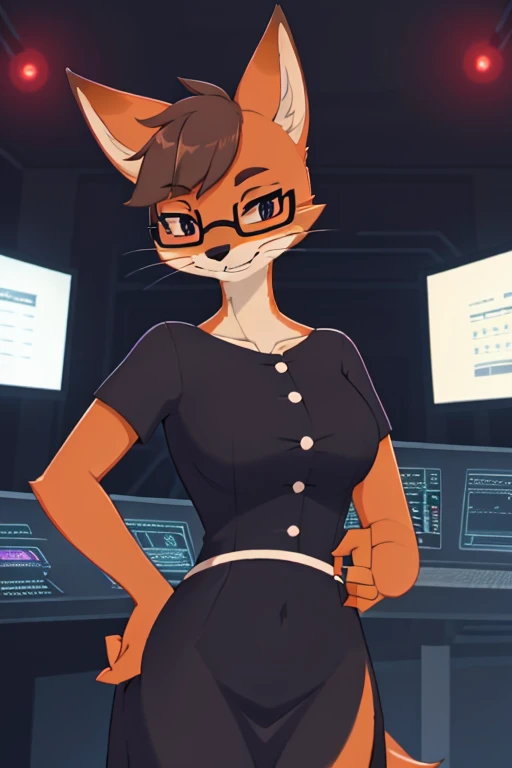 SDFoxie, (fluffy detailed orange fur, black rectangular eyewear, black eyes, short hair, brown hair, whiskers), (purple dress) (control room, screen, buttons, lights), (Best Quality:1.4), crisp, clean detailed eyes, beautiful face, <lora:GoodHands-beta2:1>, <lora:Foxie-20:0.7>